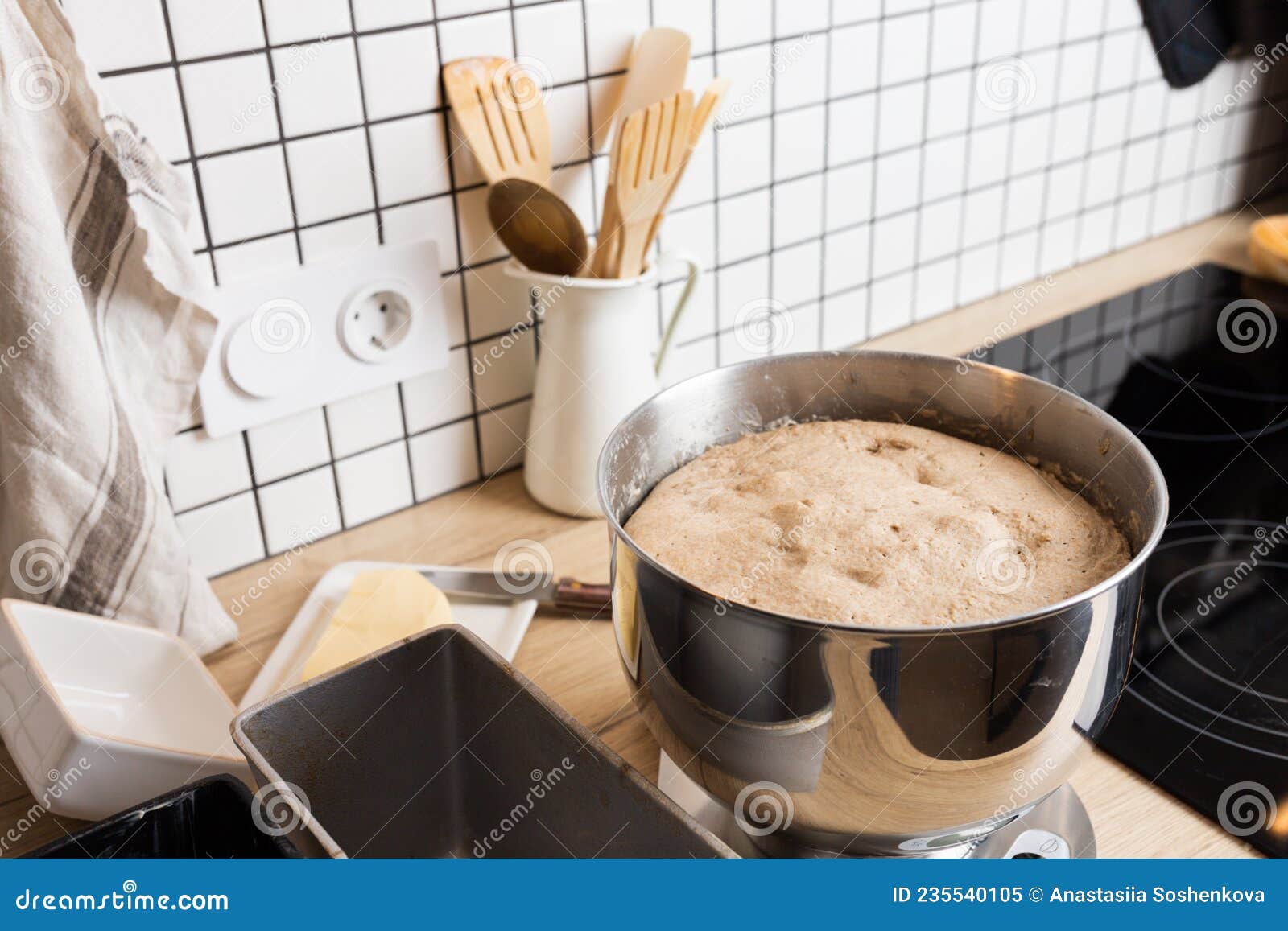 The Process of Making Rye Bread. Dough on Rye Bread before Dividing