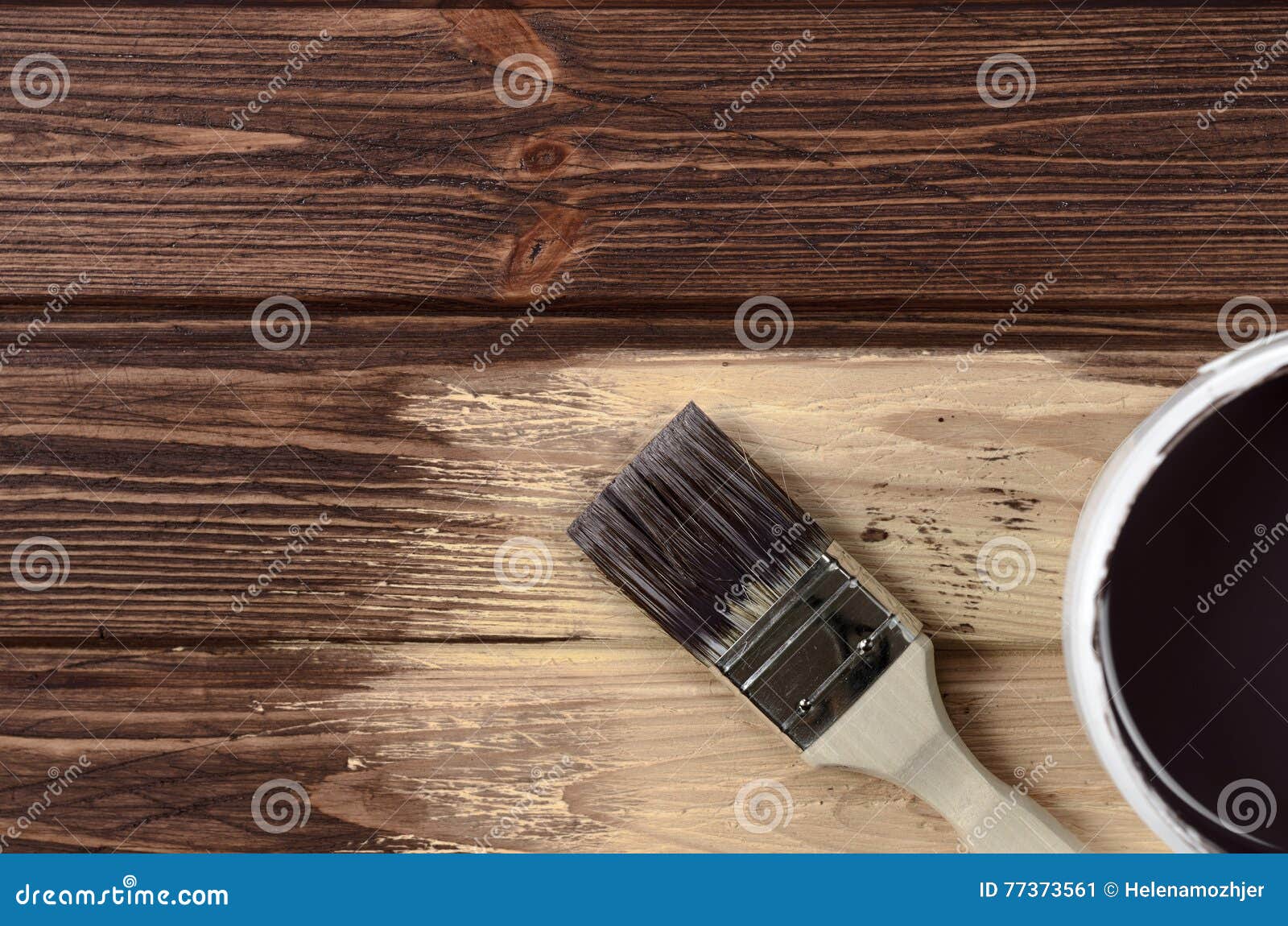 Process of Painting the Wood Boards with the Brush and the Brown Stock