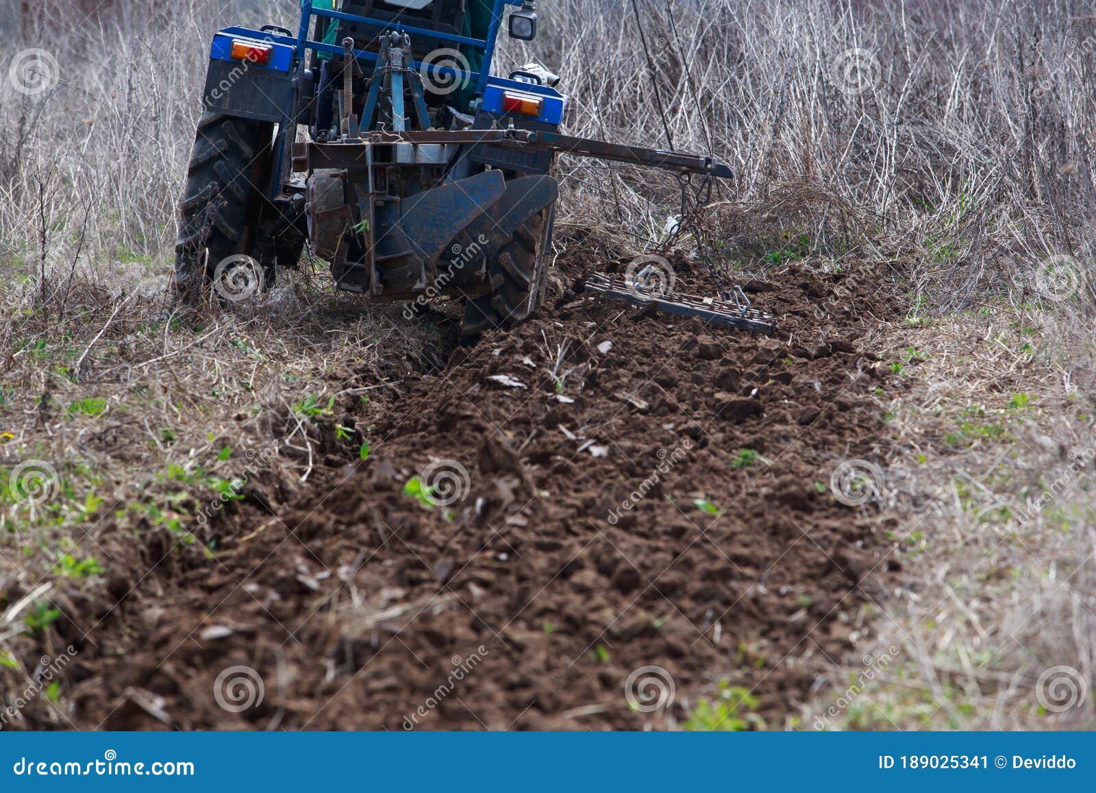Plowing The Land In The Garden With A Cultivator. A Man Plows The Land