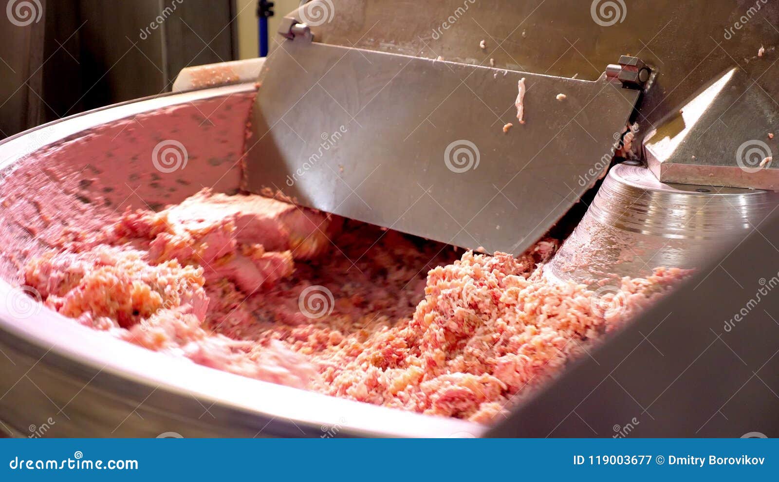 Processing Lard or Meat in Minced Meat on a Huge Meat Grinder at a Meat