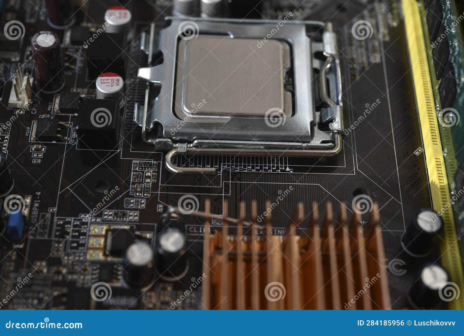 The Processor of the Computer on the Motherboard. Electronic Elements and a Processor in a