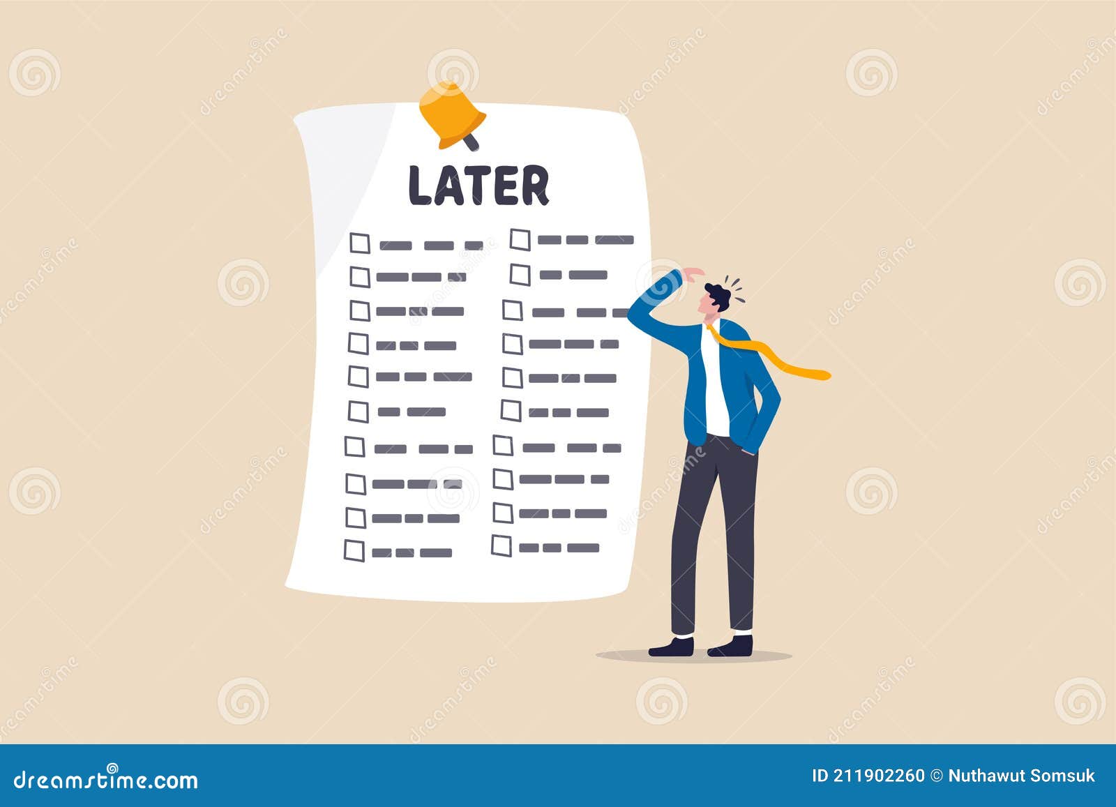 procrastination, do it later, laziness to postpone every work tasks to later check list concept, frustrated businessman office