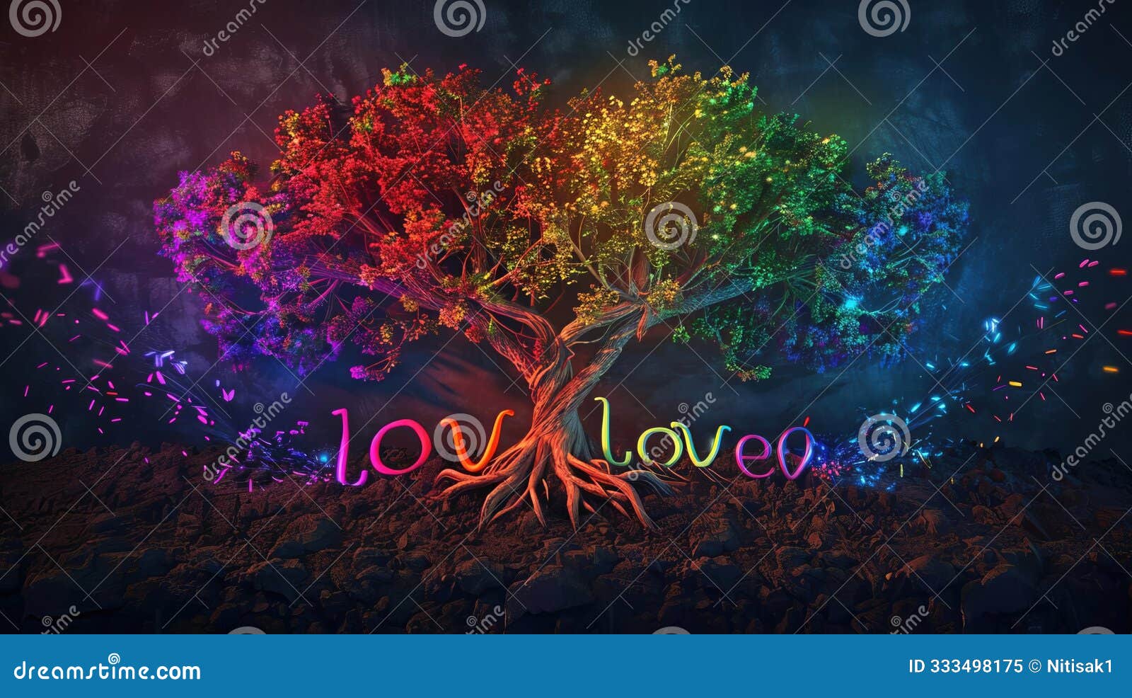 produce a sideview digital art piece featuring a vibrant rainbow tree use cg 3d techniques to craft intricate roots that spell