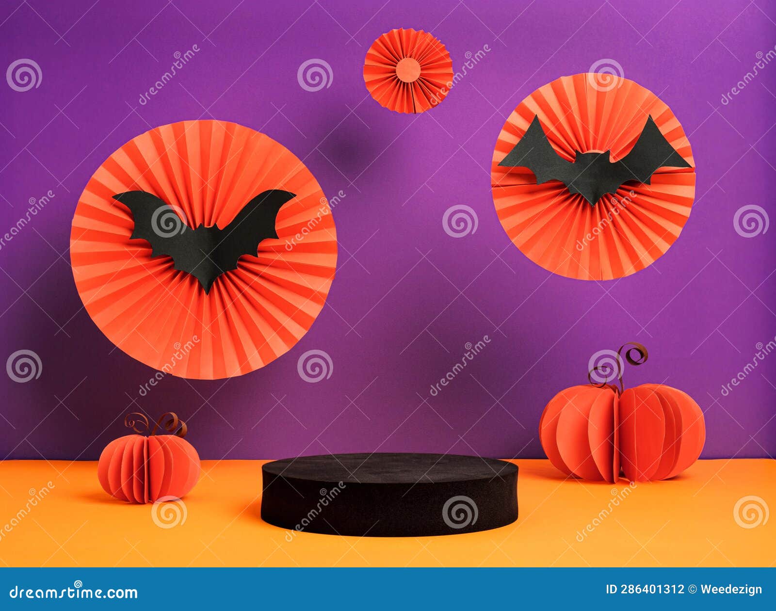product display halloween decor party holiday studio set up in orange and violet color background with bat ,pumpkin,spider web
