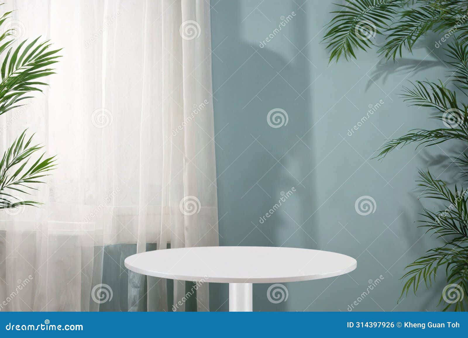 white cylinder pedestal.Â minimal scene for product display presentation.Â curtain and foliage studio advertising photoshoot