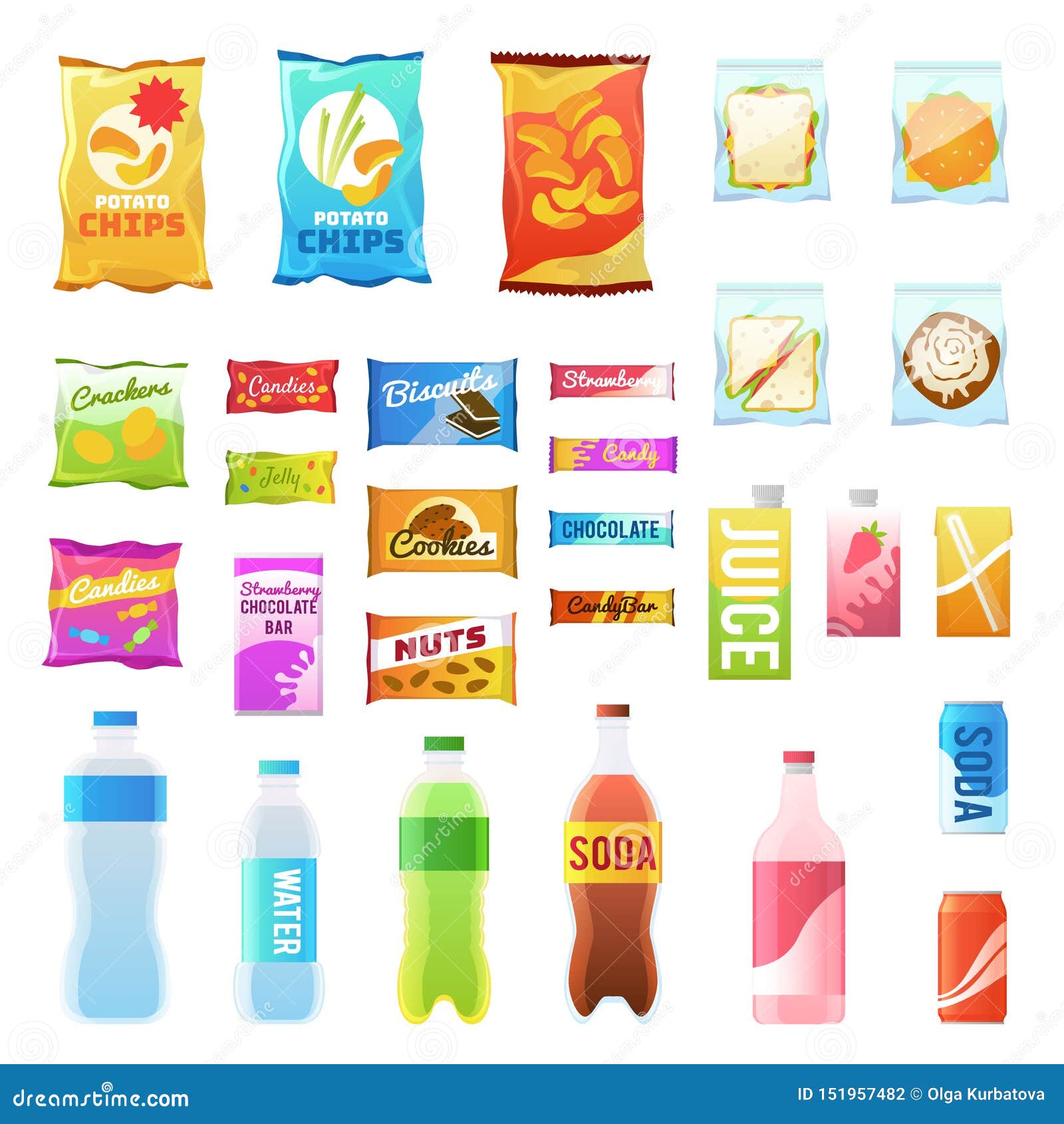 product for vending. tasty snacks sandwich biscuit candy chocolate drinks juice beverages pack retail, set flat 