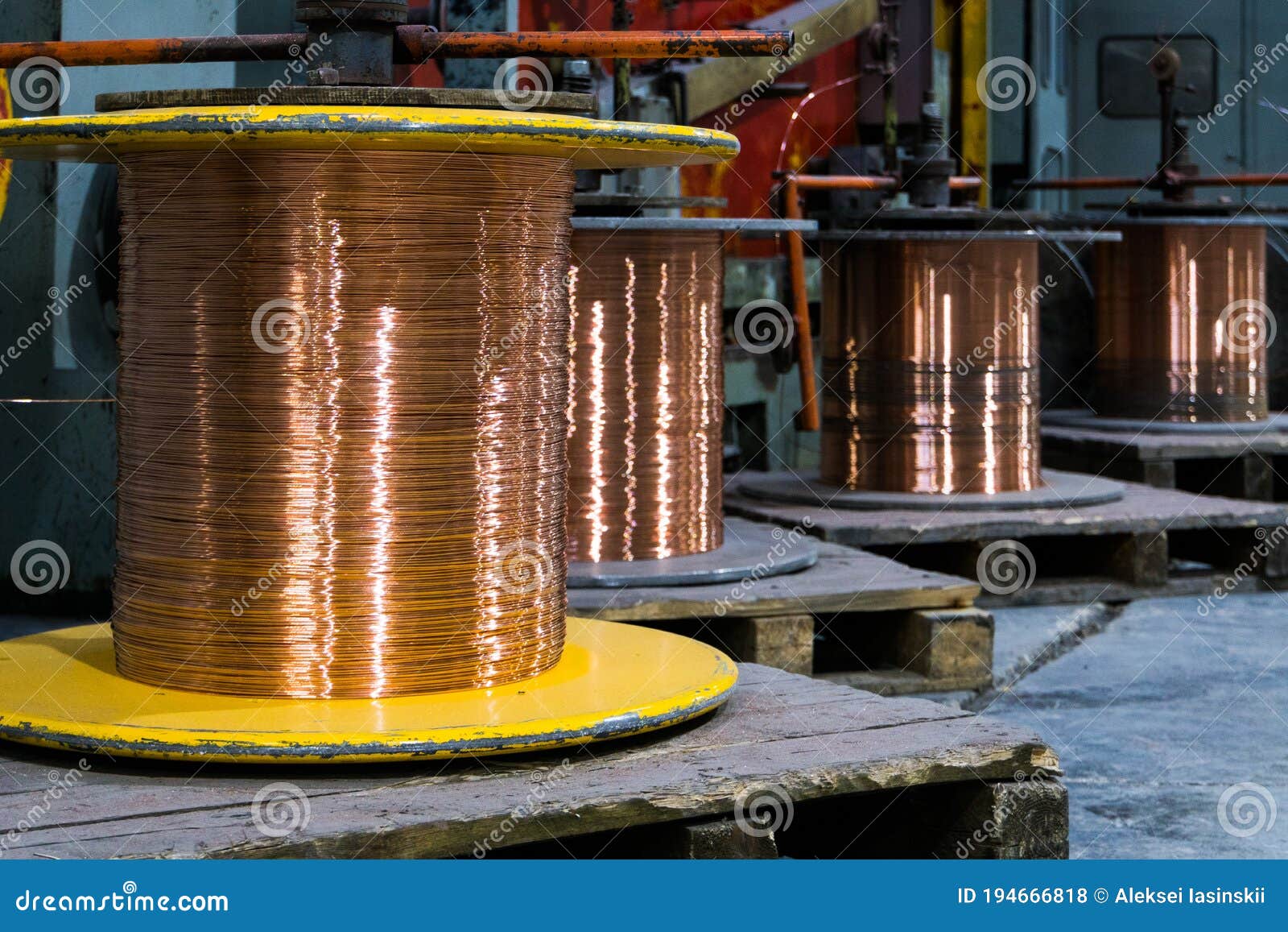 Production of Copper Wire, Bronze Cable in Reels at Factory Stock Photo
