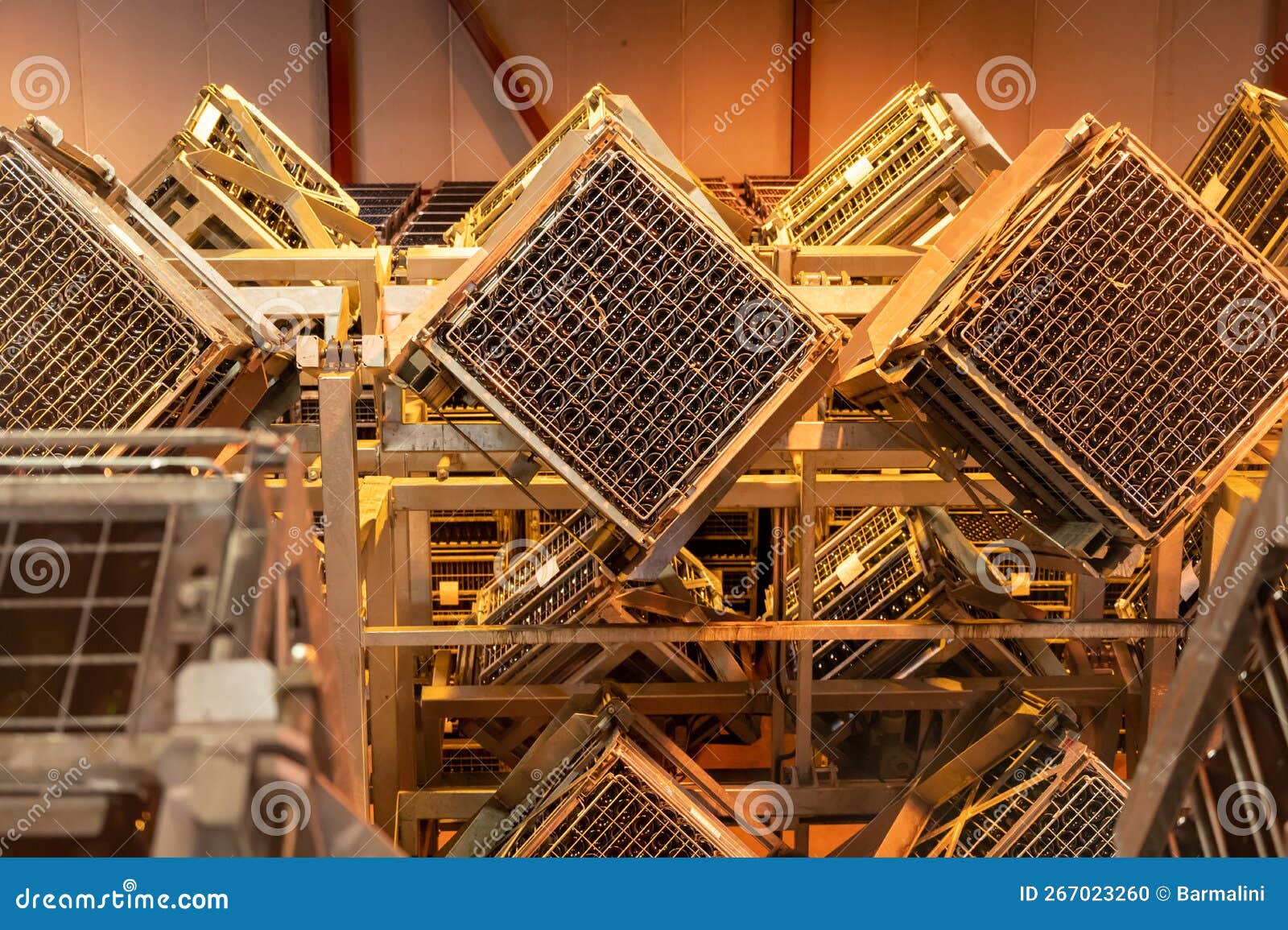 production of cremant sparkling wine in burgundy, france. automatically powered riddling remuage boxes on factory