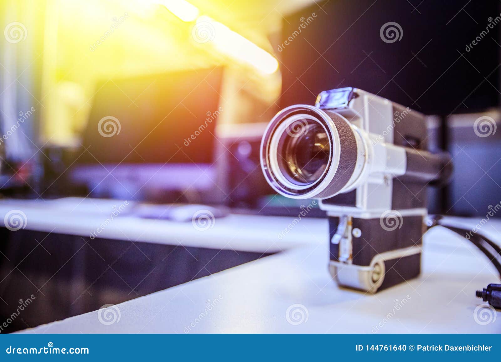 Movie Production Vintage Old Movie Camera On A Desk Cutting Room In The Background Sunshine Photo Stock Image Du Room Production 144761640