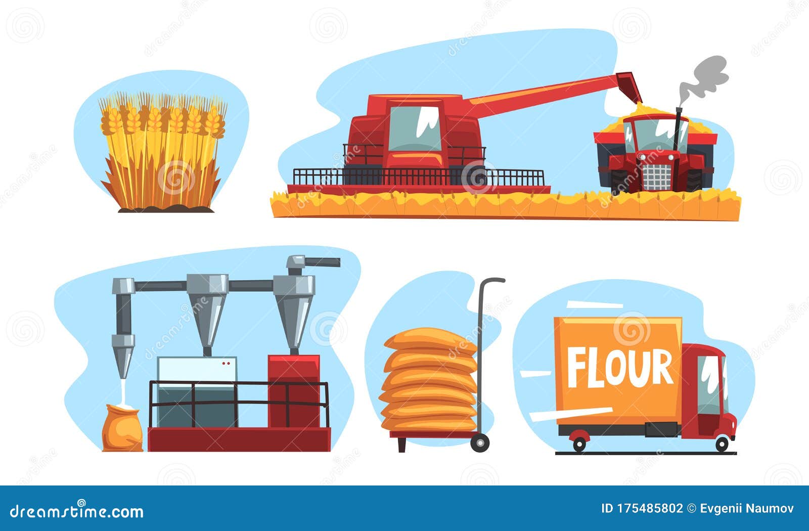 Production of Flour and Bread Set, Industrial Wheat Processing Vector
