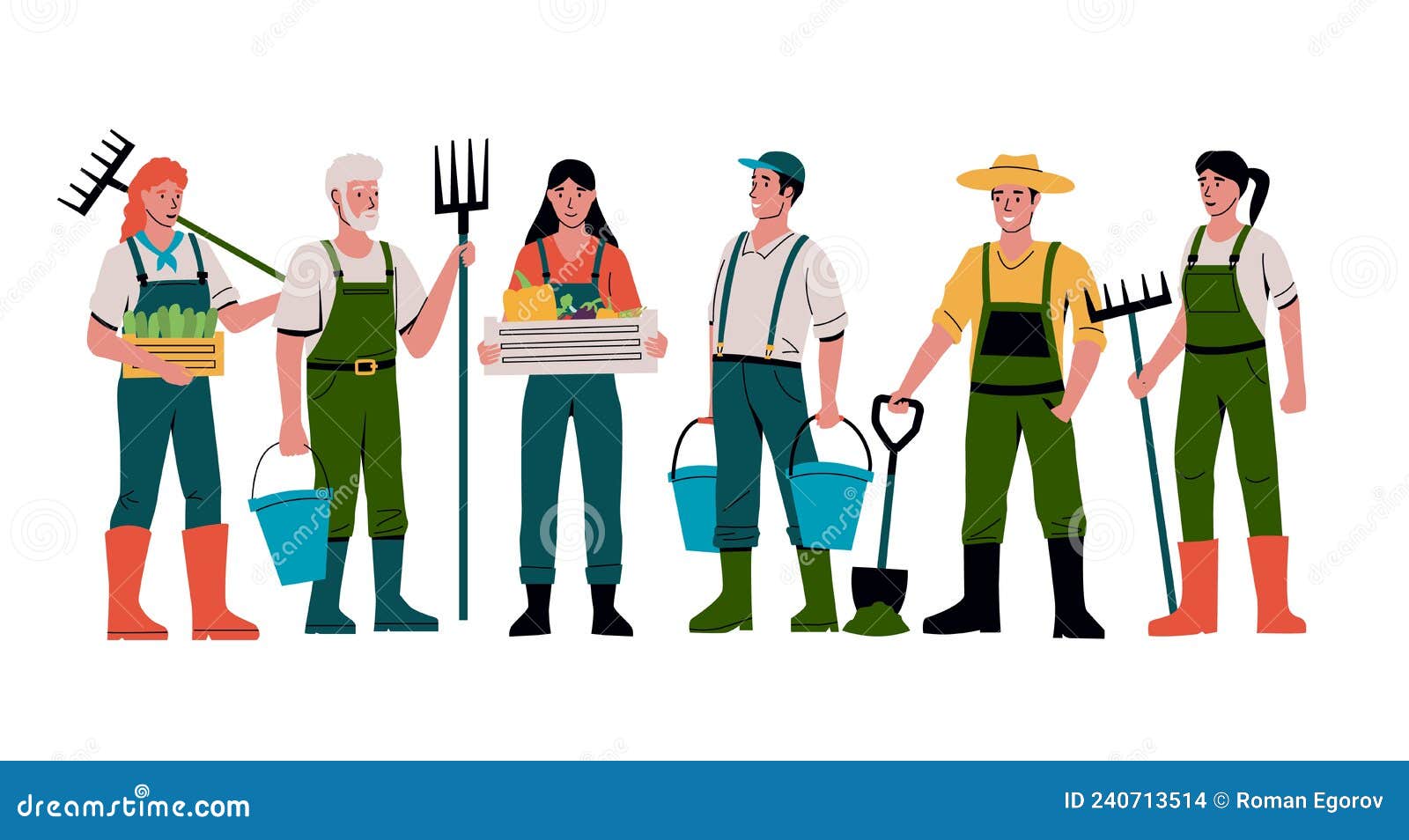 Productores De Dibujos Animados. Personajes De La Gente Juntos En El  Jardín. Hombres Con Palas O Rastrillos Y Baldes. Jardineros E Ilustración  del Vector - Ilustración de farmland, campo: 240713514