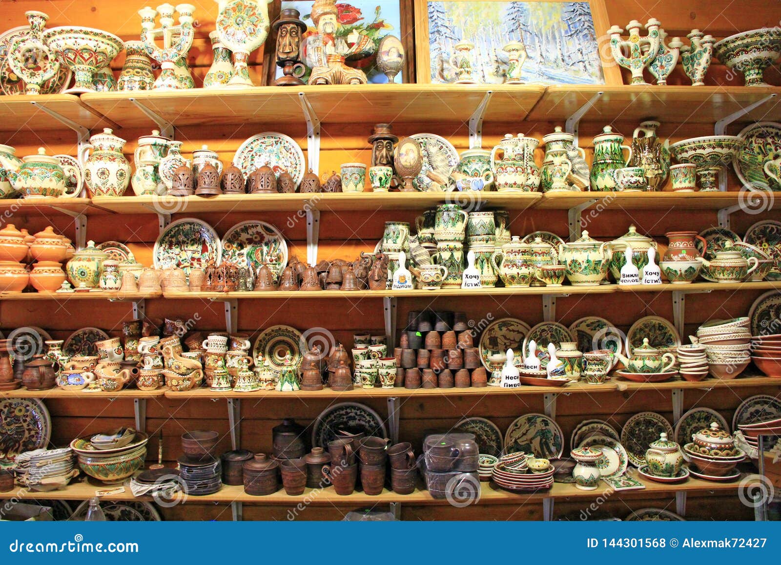 Products Of Ceramics On Sale In Shop. Handicraft Of Making Pottery