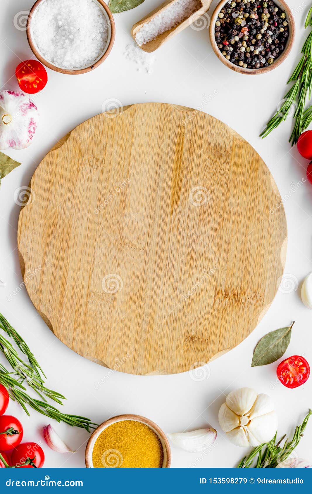 Download Products And Cutting Board On White Background Top View Mockup Stock Image - Image of ...