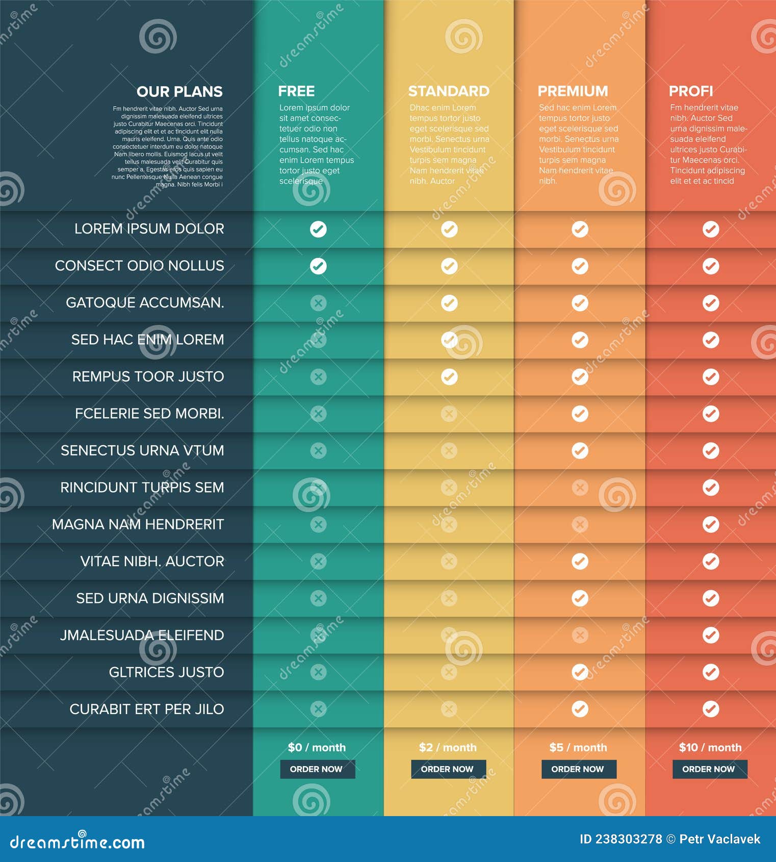 Products Versions Feature and Price List Table Stock Vector 