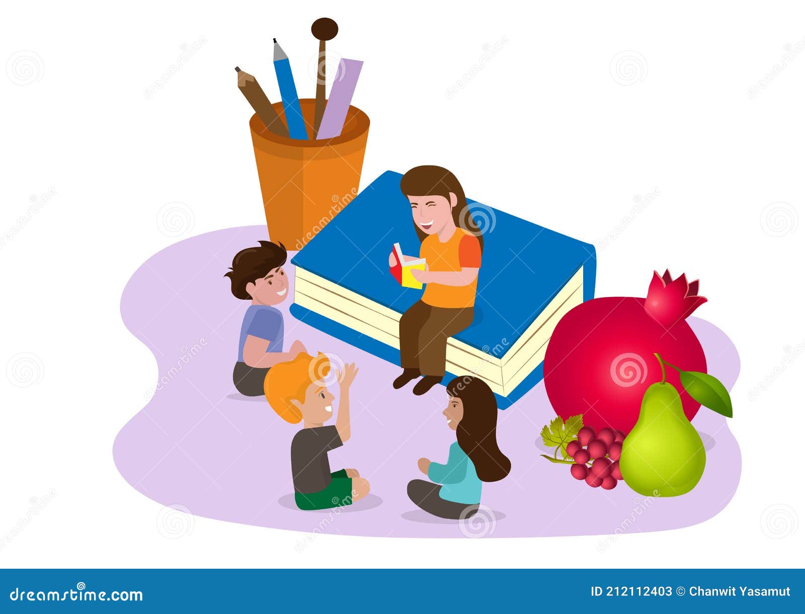 Profesora Enseñando Sobre Fruta Con Encantadores Niños Y Niñas Que Se  Divierten Juntos Ilustración del Vector - Ilustración de aprendizaje,  universidad: 212112403