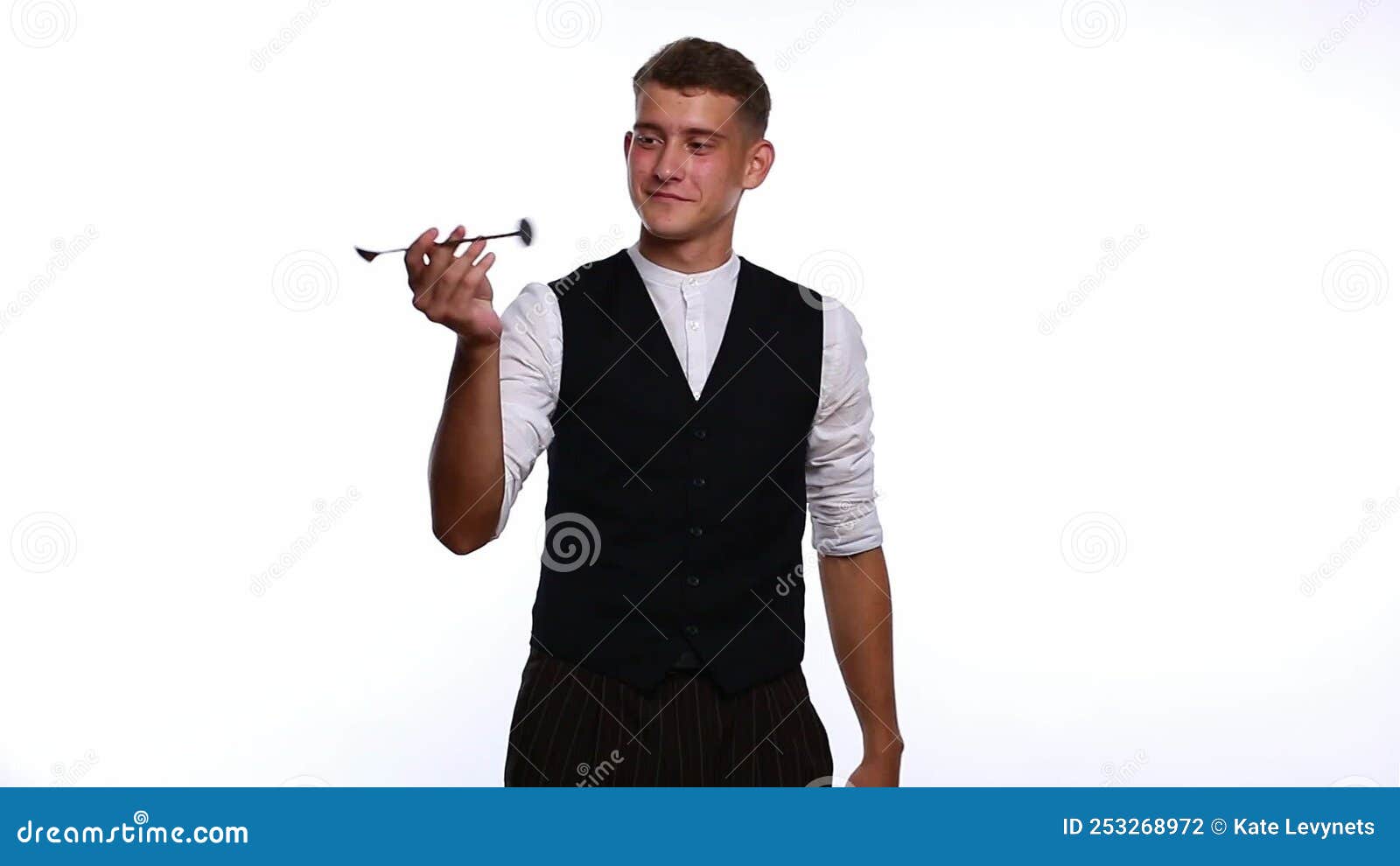 Profession Bartender. Process Novice Bartender Twists a Cocktail Spoon