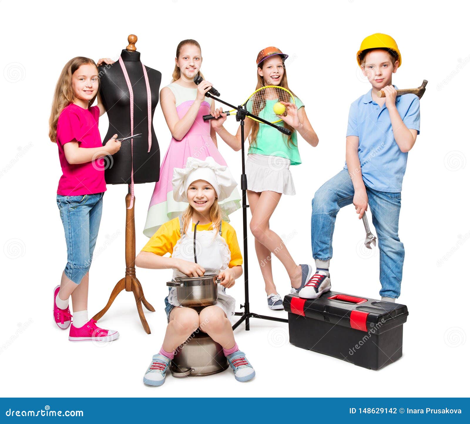 profession and job occupation, children group in professional costumes, kids on white