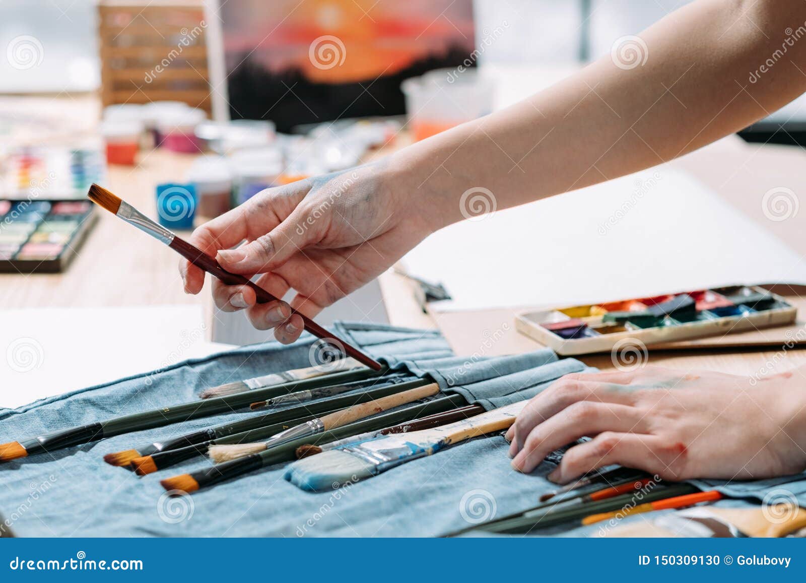 Professional Artist Kit Painter Choosing Brush Stock Photo - Image of ...