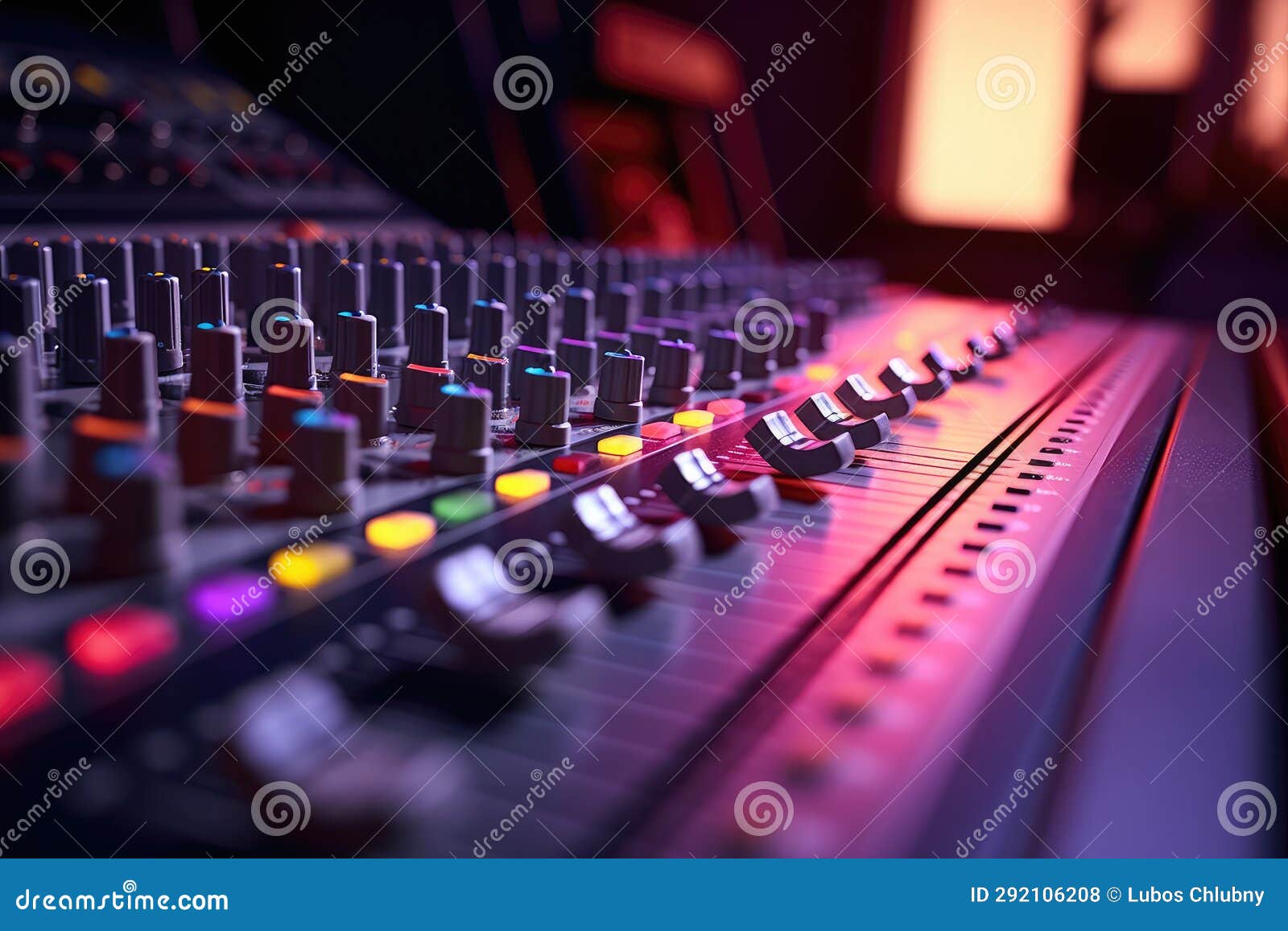 Professional Audio Mixer Control Panel with Buttons and Sliders Stock