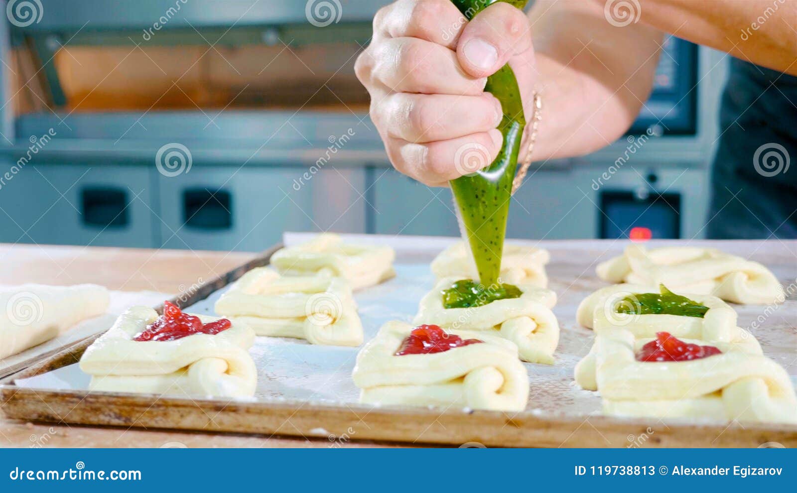 Professional Baker Adding Jam on Top of Sweet Baking before Put it into Oven Stock Image Image