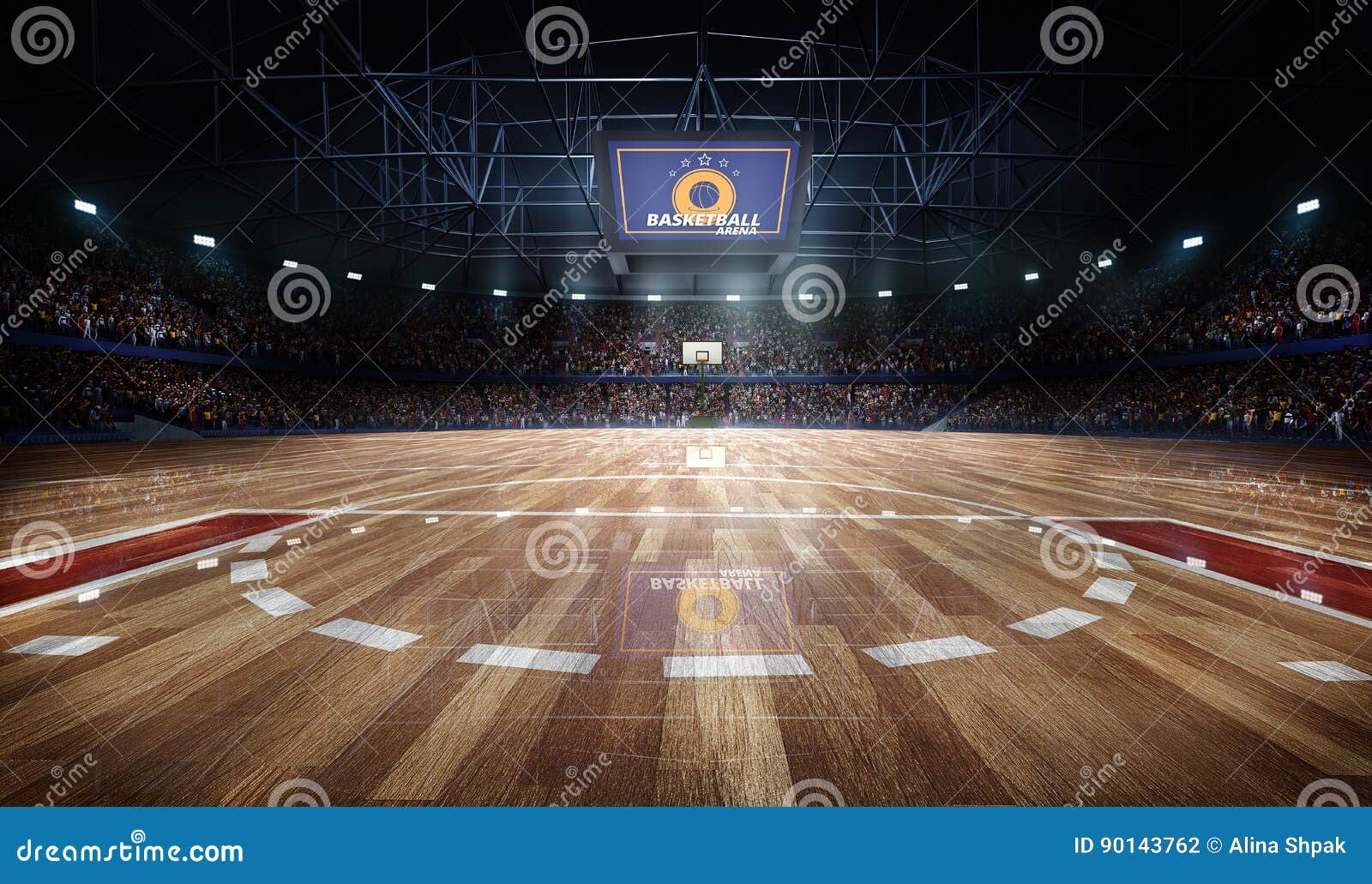 professional basketball court arena in lights with fans 3d rendering