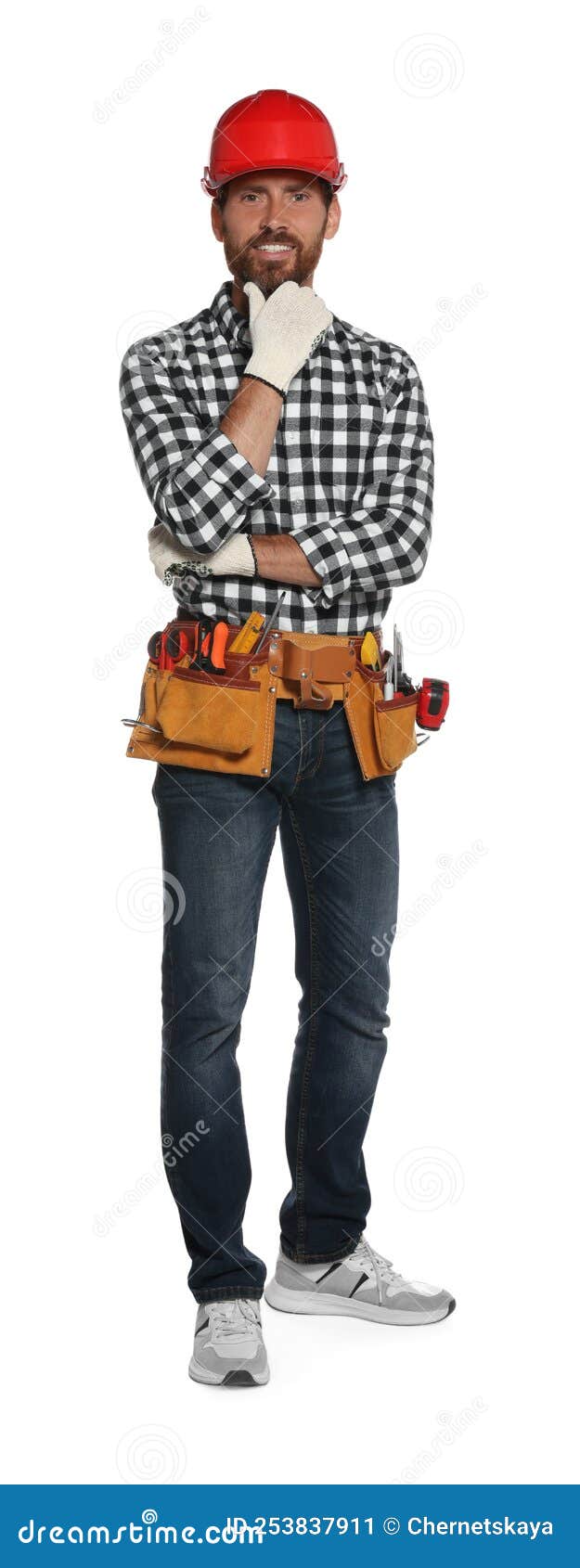 Professional Builder in Hard Hat with Tool Belt Isolated on White Stock Image Image of builder