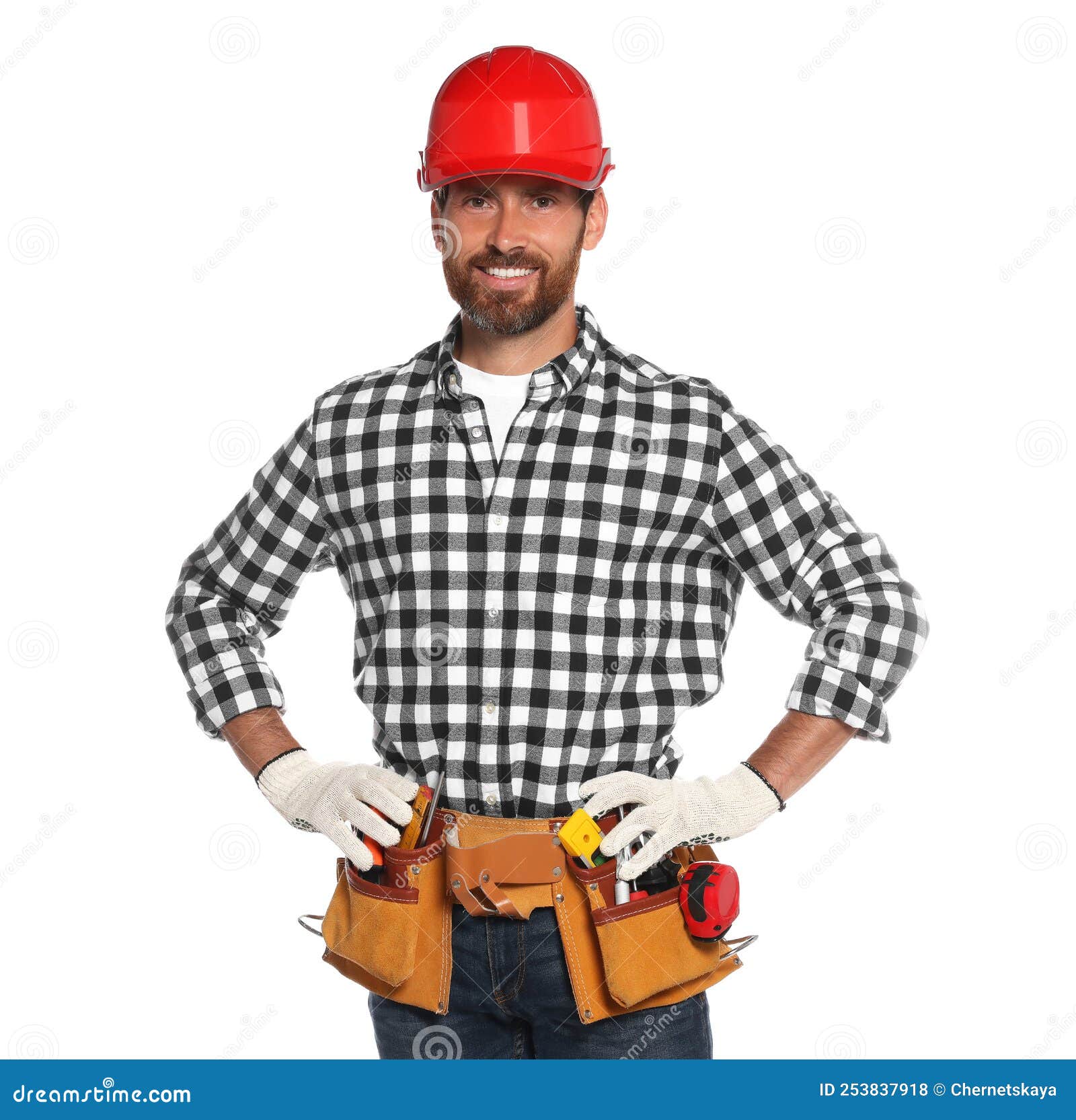 Professional Builder in Hard Hat with Tool Belt Isolated on White Stock Photo Image of build