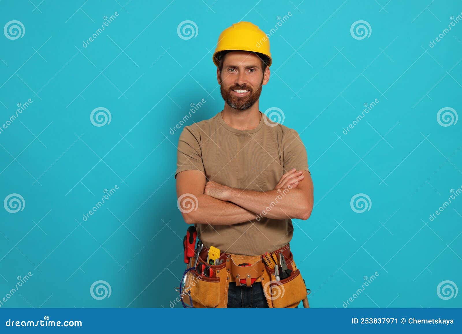 Professional Builder in Hard Hat with Tool Belt on Light Blue Background Stock Image Image of