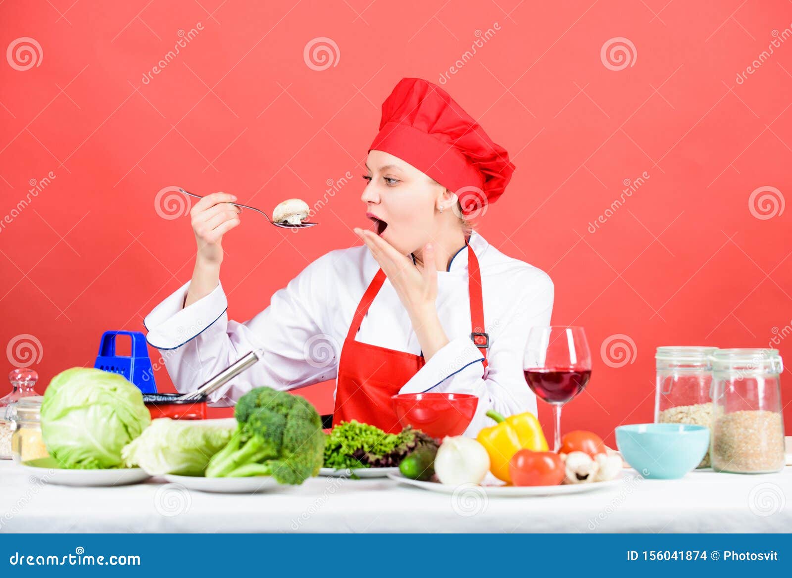 Professional Chef on Red Background. Restaurant Menu. Dieting ...