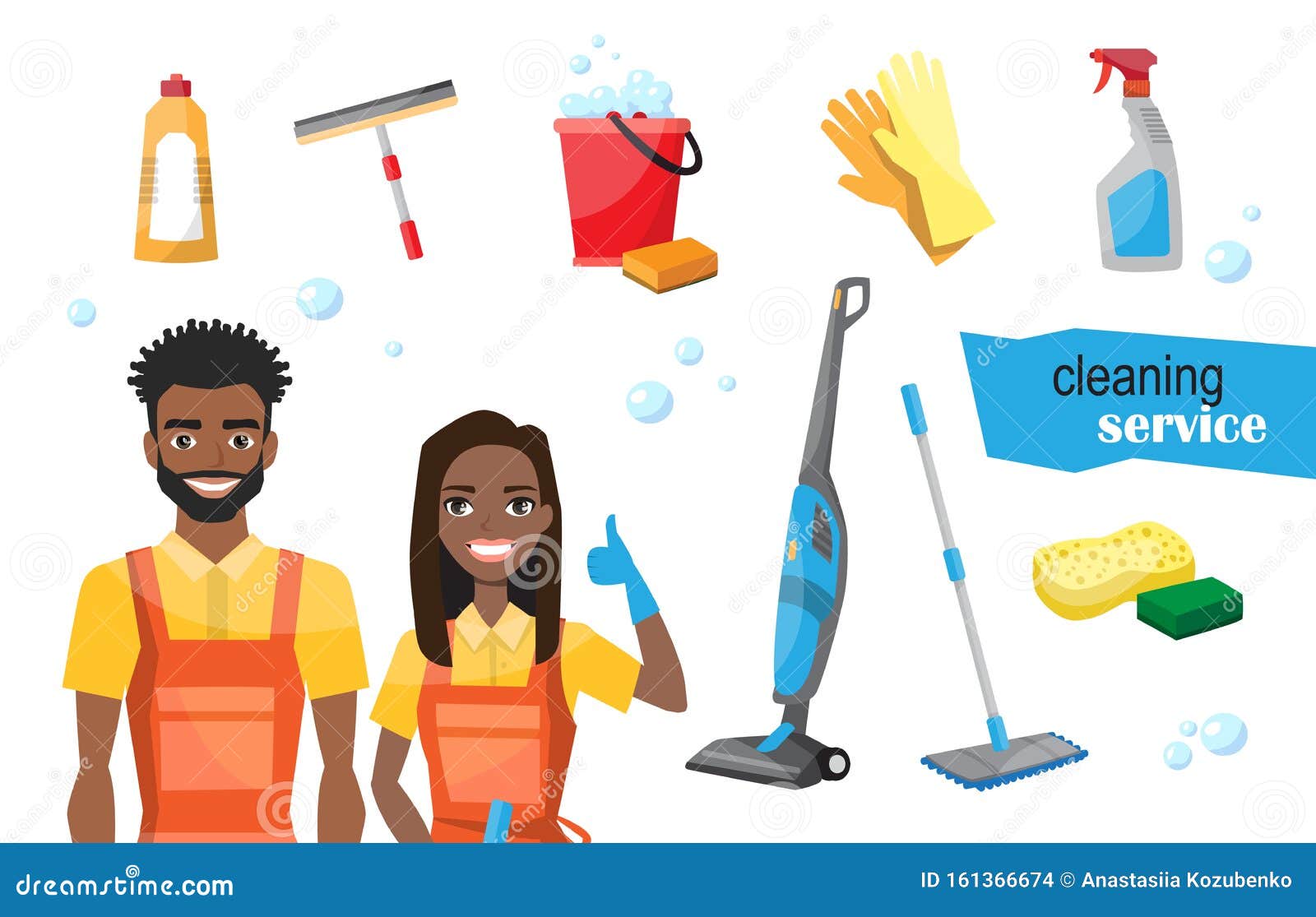 Professional Cleaners Team. Young Smiling Couple Are Holding Cleaning