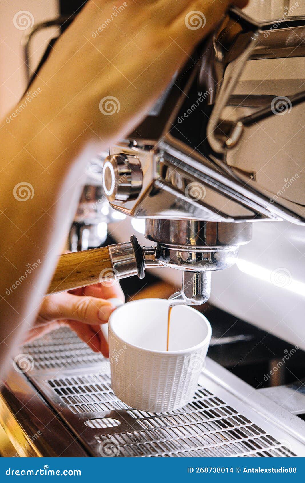 Professional Coffee Machine with White Cup and Pouring Drink Stock