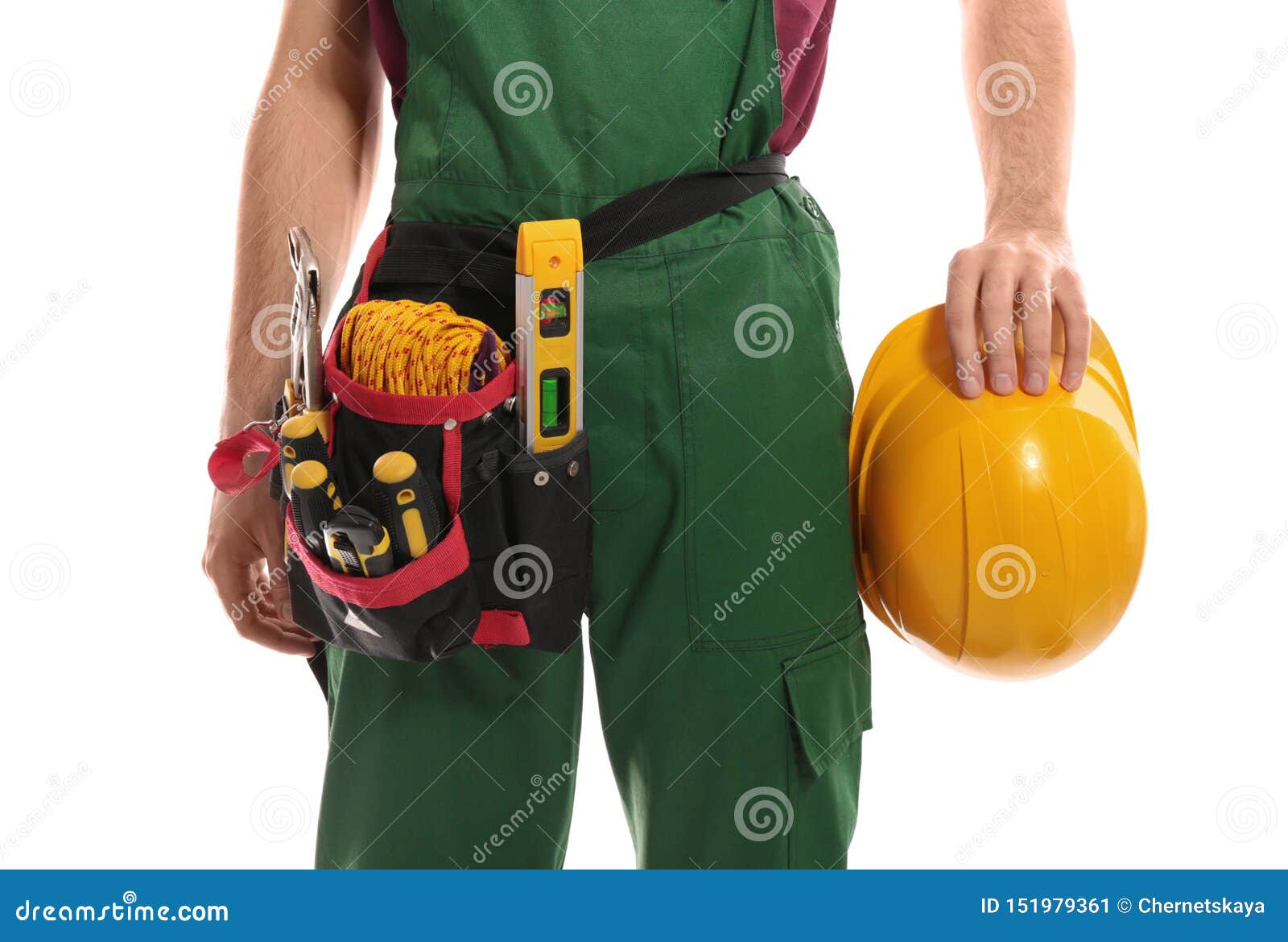 Professional Construction Worker with Hard Hat and Tool Belt on White Background Stock Image