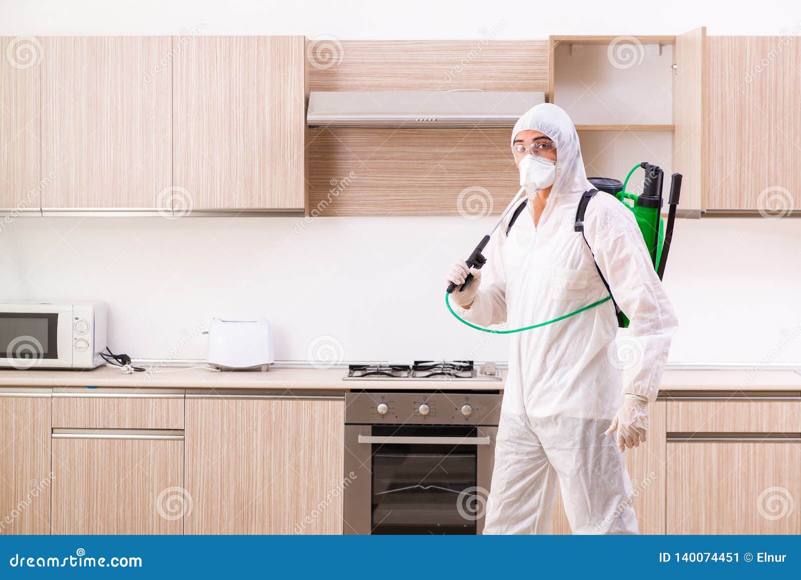 The Professional Contractor Doing Pest Control at Kitchen Stock Image