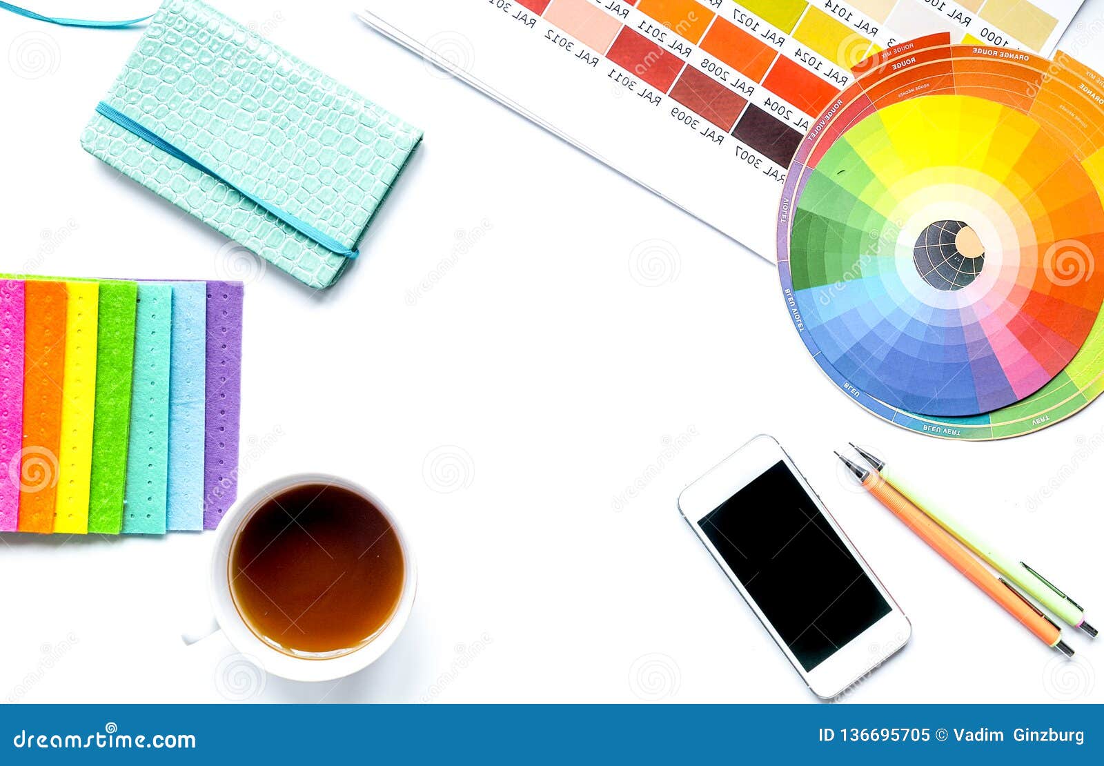 Professional Creative Graphic Designer Desk on White Background