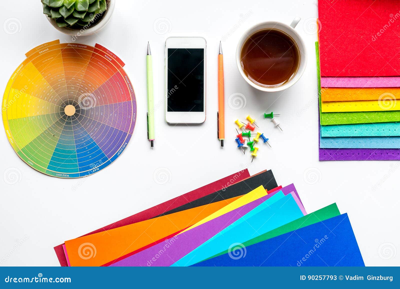 Professional Creative Graphic Designer Desk on White Background Top