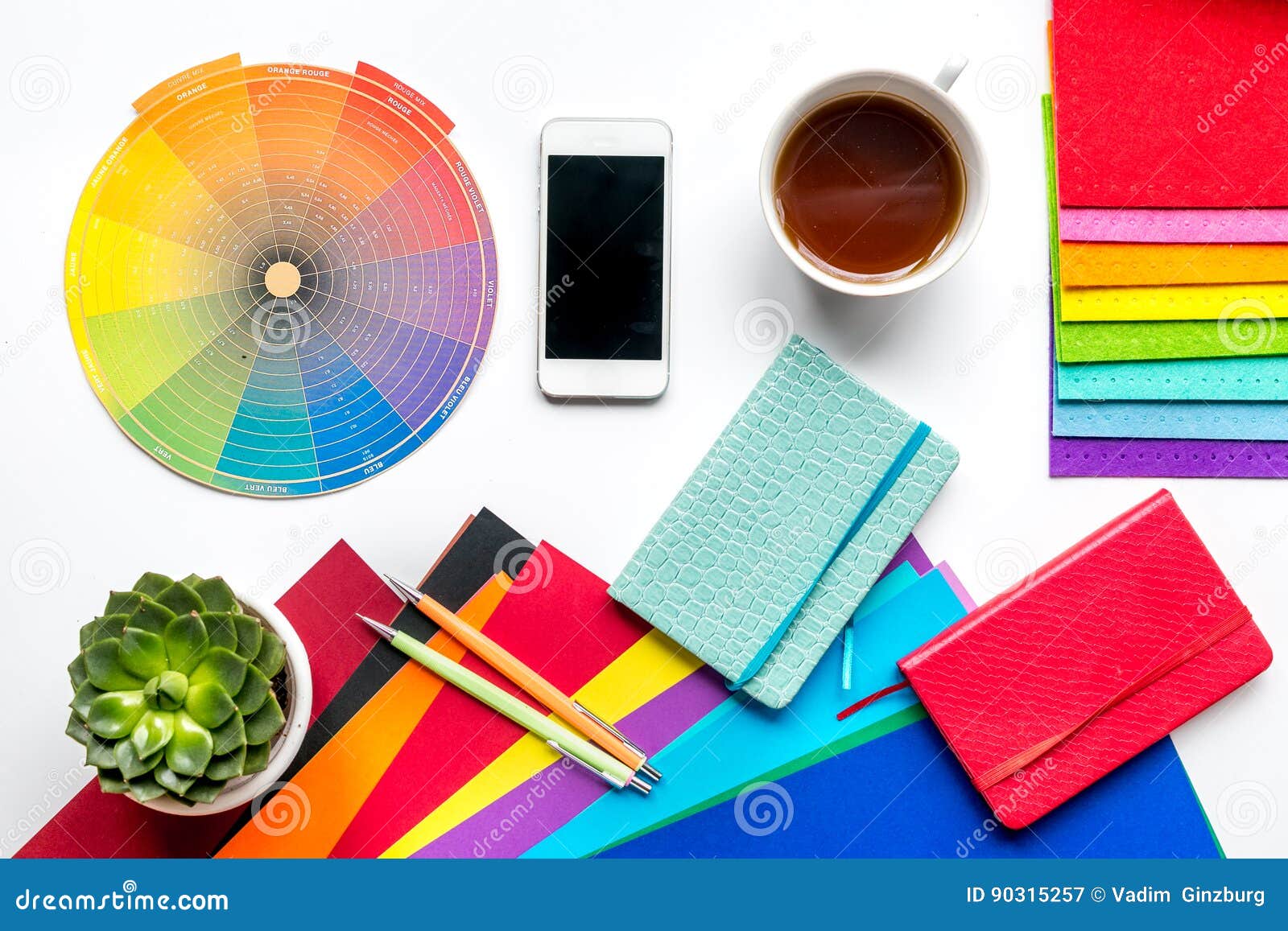 Professional Creative Graphic Designer Desk on White Background Top