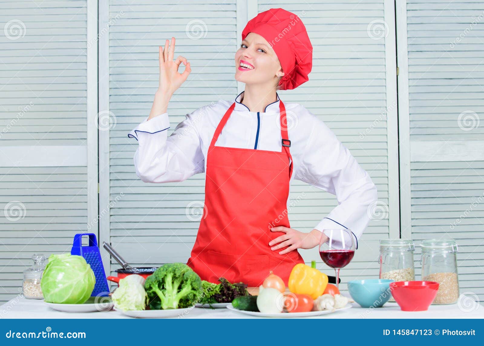 Professional Culinary Tips. Culinary Show Concept. Woman Pretty Chef ...