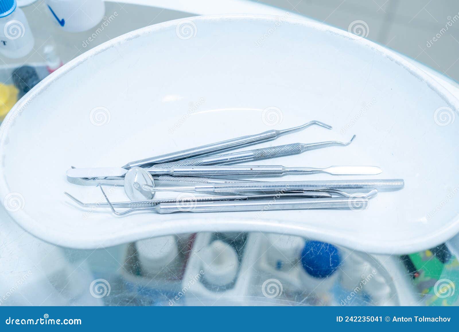Professional Dentist Instruments in the Dental Office. Set of Dental
