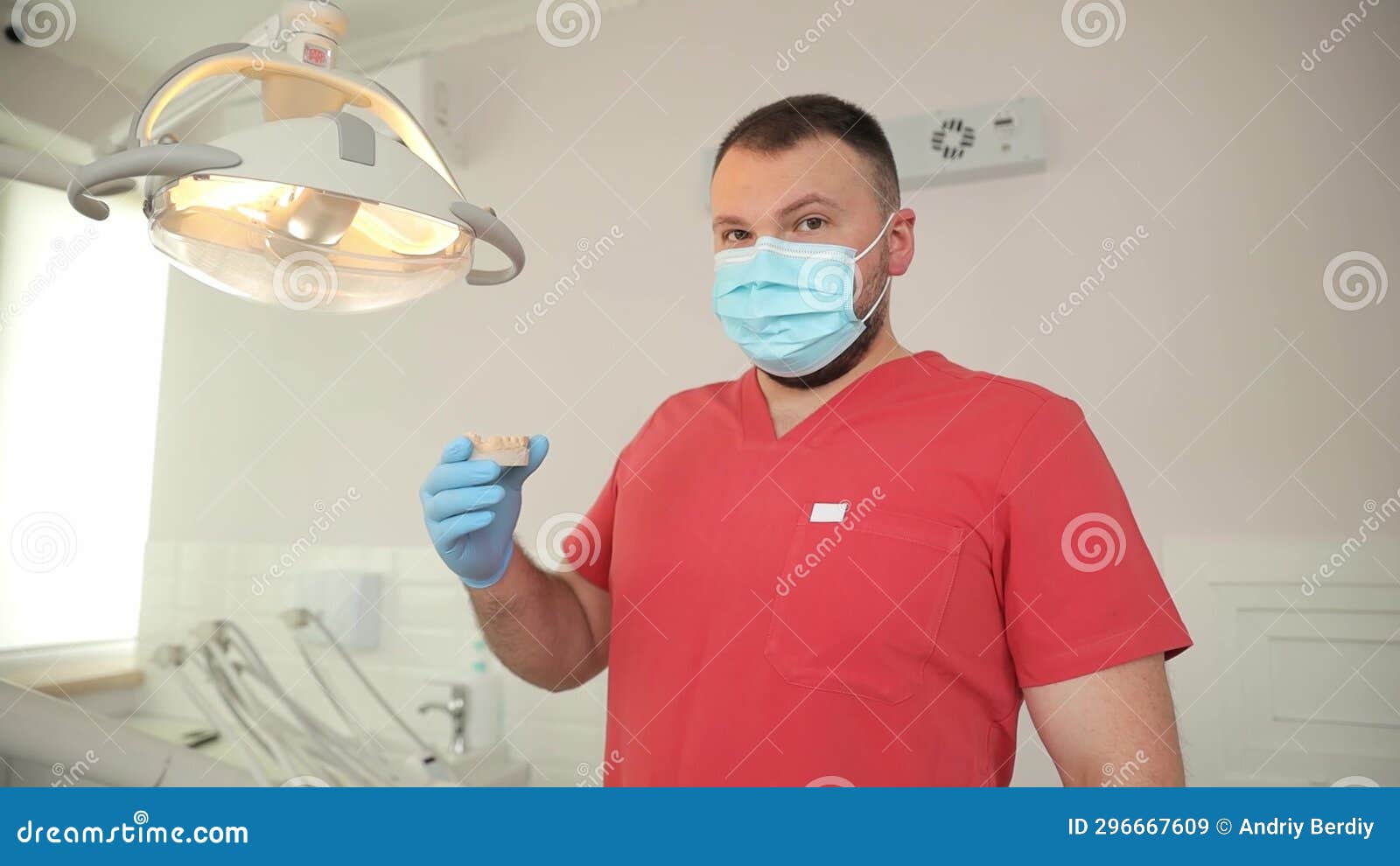 Professional Dentist in Red Uniform in Dental Office Stock Image Image of health, examining