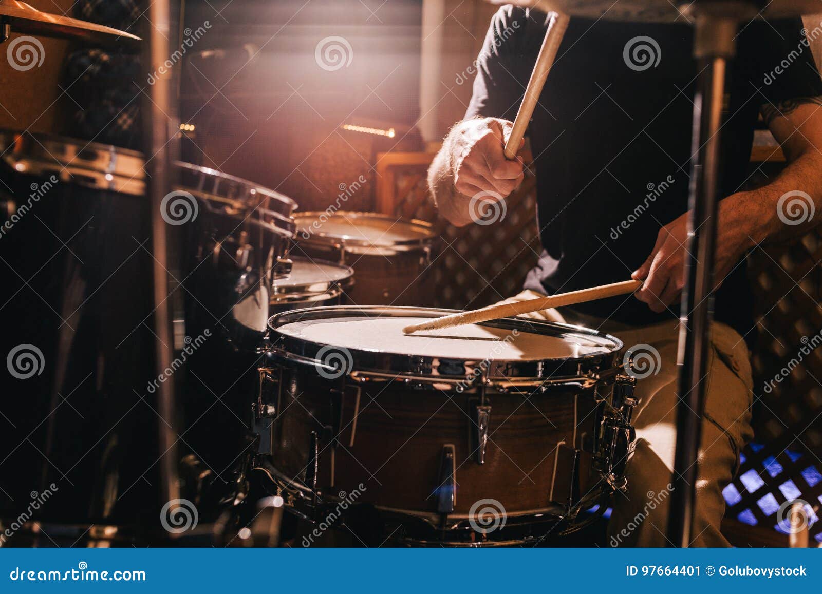 professional drum set closeup. drummer with drums
