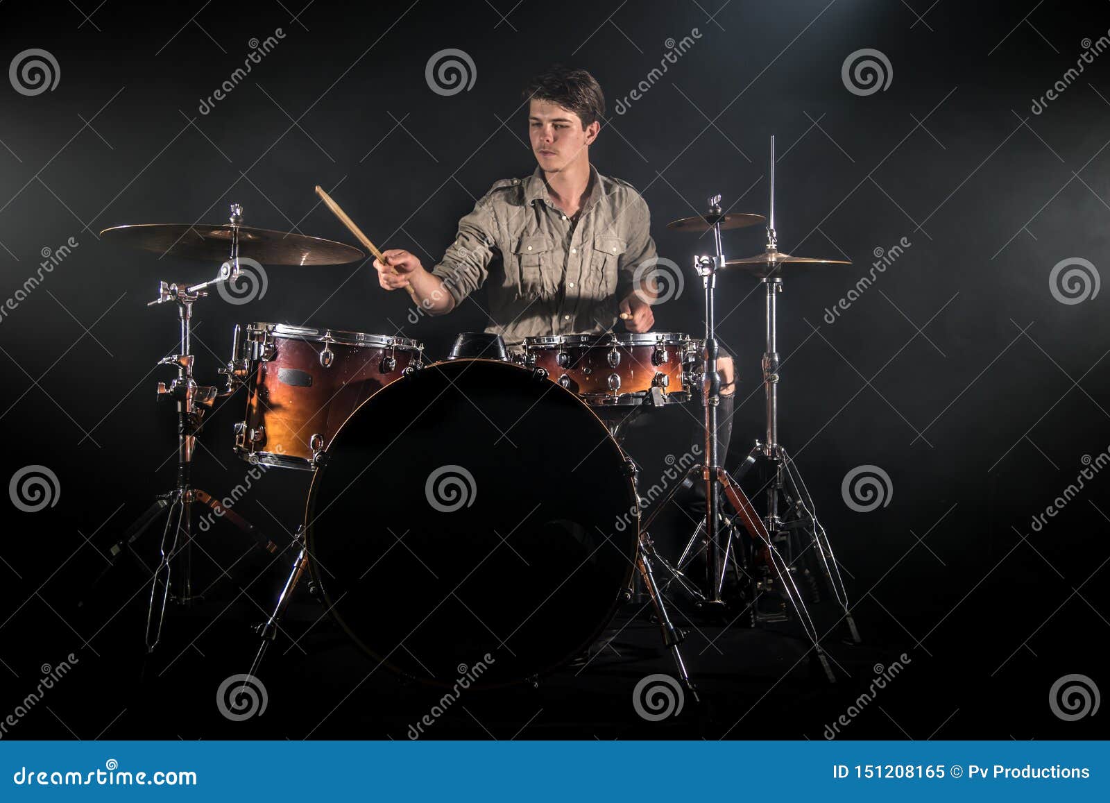 Professional Drummer Playing on Drum Set on Stage on the Black Background Stock Image Image of