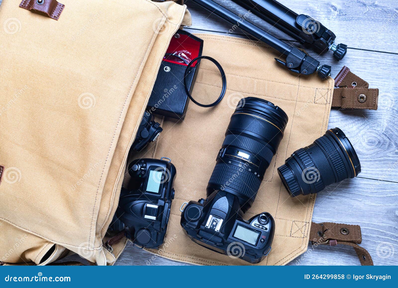 Professional DSLR Camera and Lenses in a Canvas Bag for the Work of a