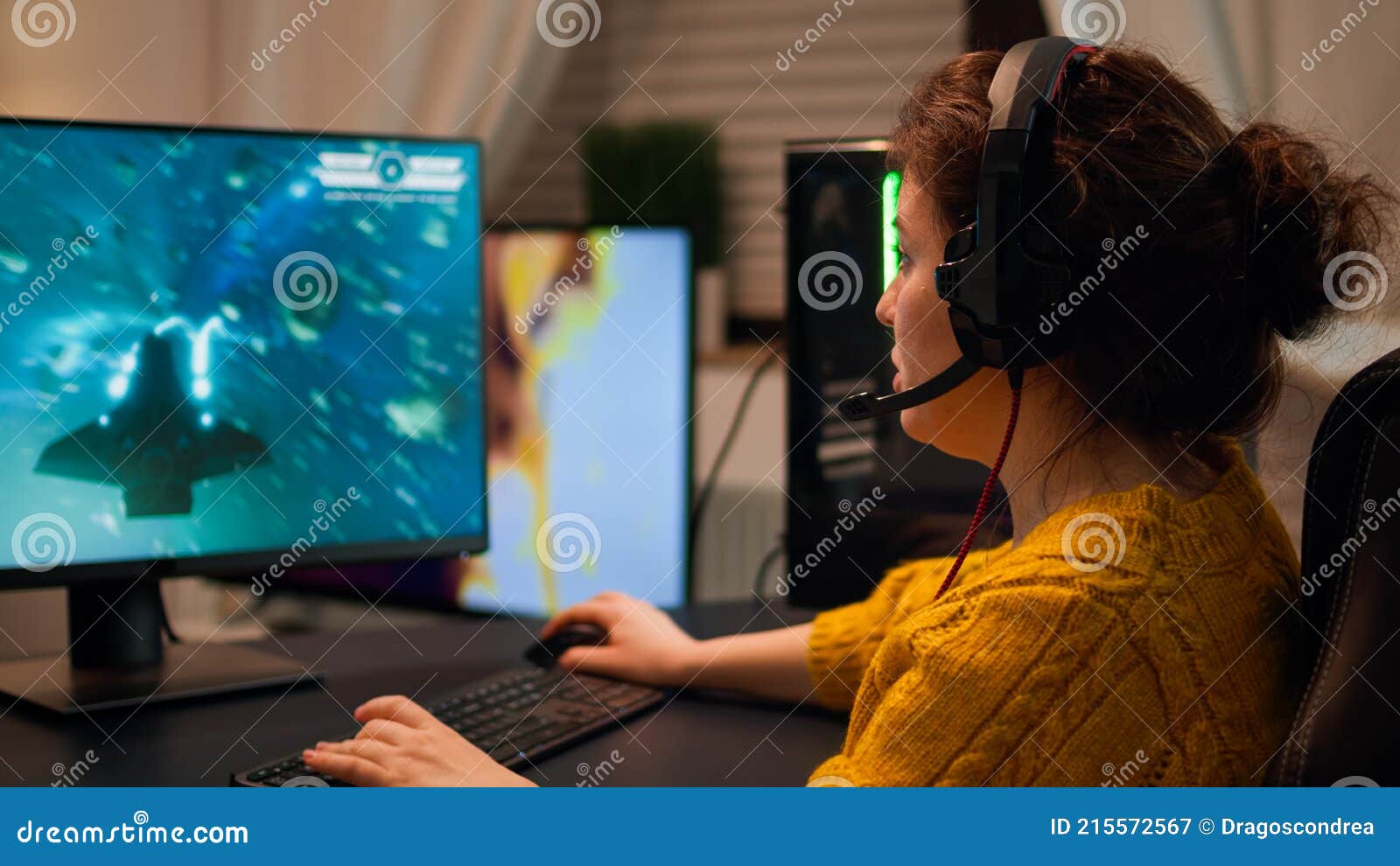 Professional Esport Woman Gamer Using Mic of Headset Talking Stock Image