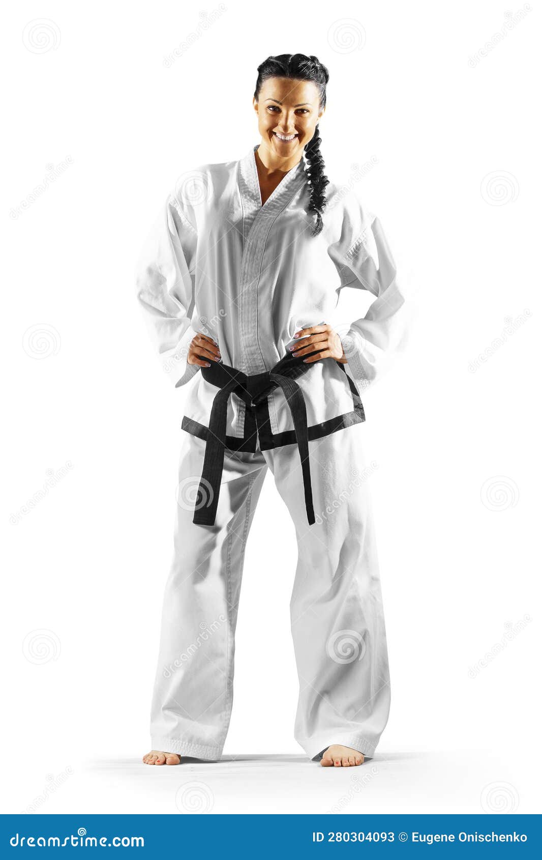 Professional Female Karate Fighter Isolated on the White Background