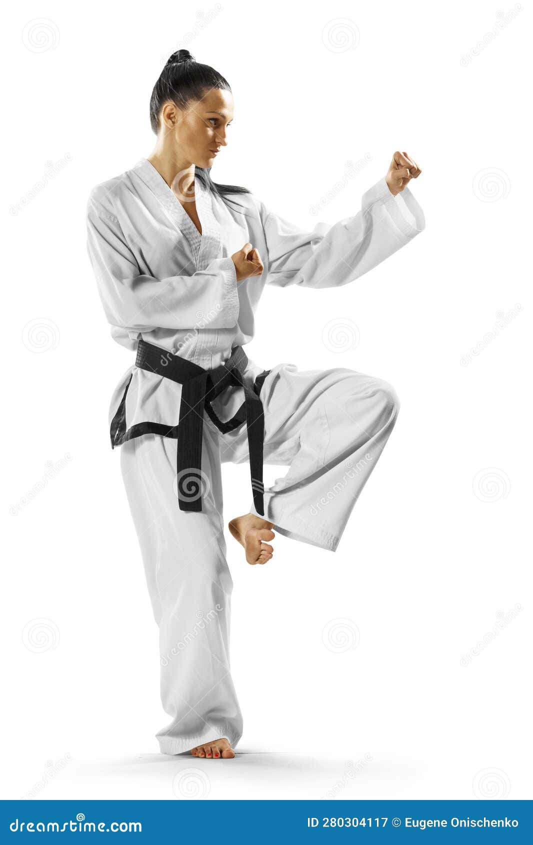 Professional Female Karate Fighter Isolated on the White Background