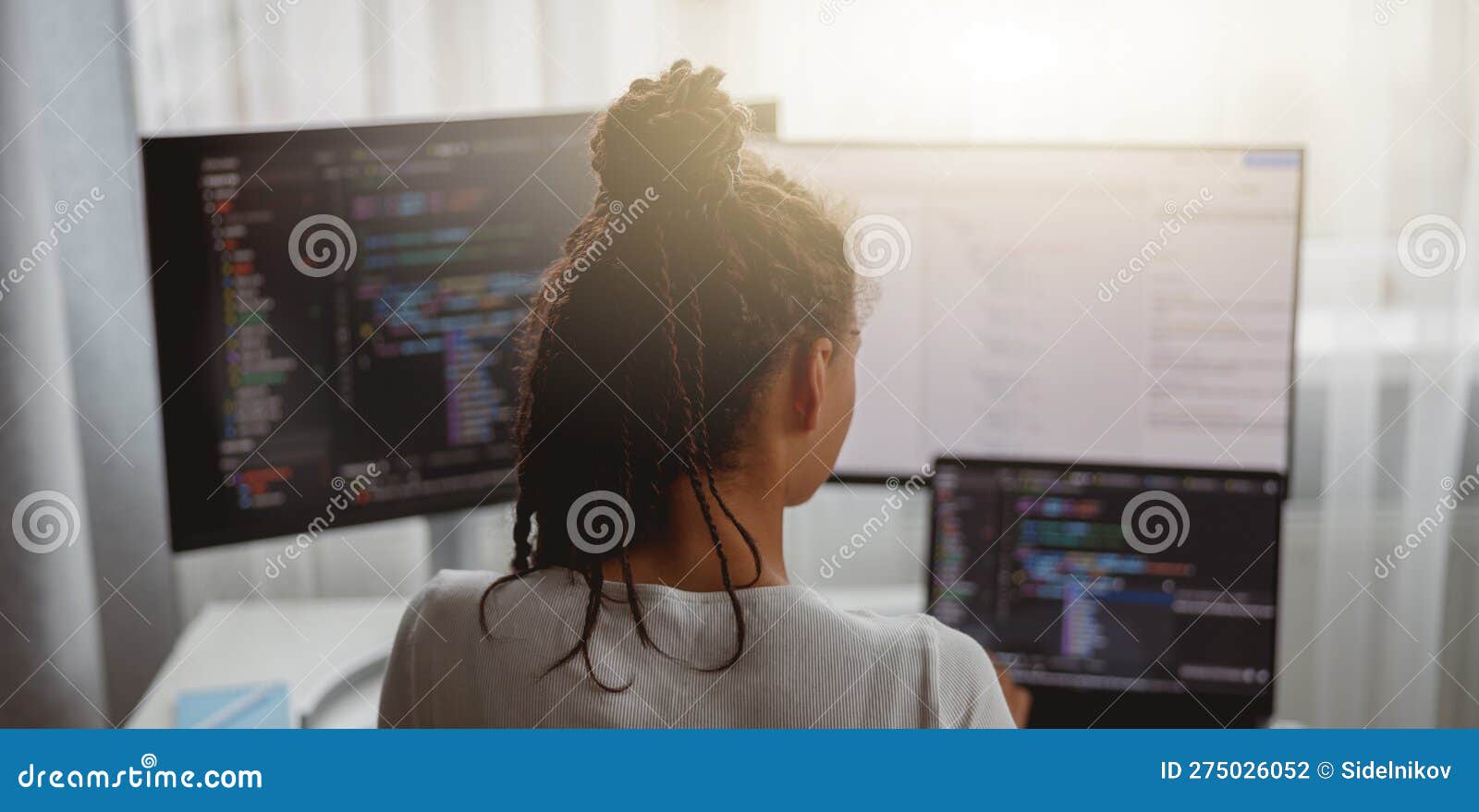 Professional Female Programmer Working on New Project on Computer at ...