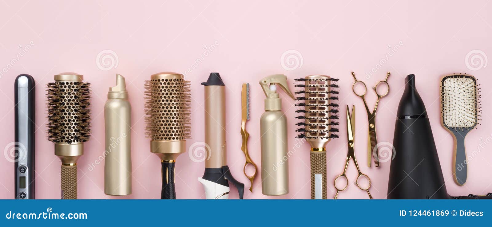 Professional Hair Dresser Tools On Pink Background With Copy Space