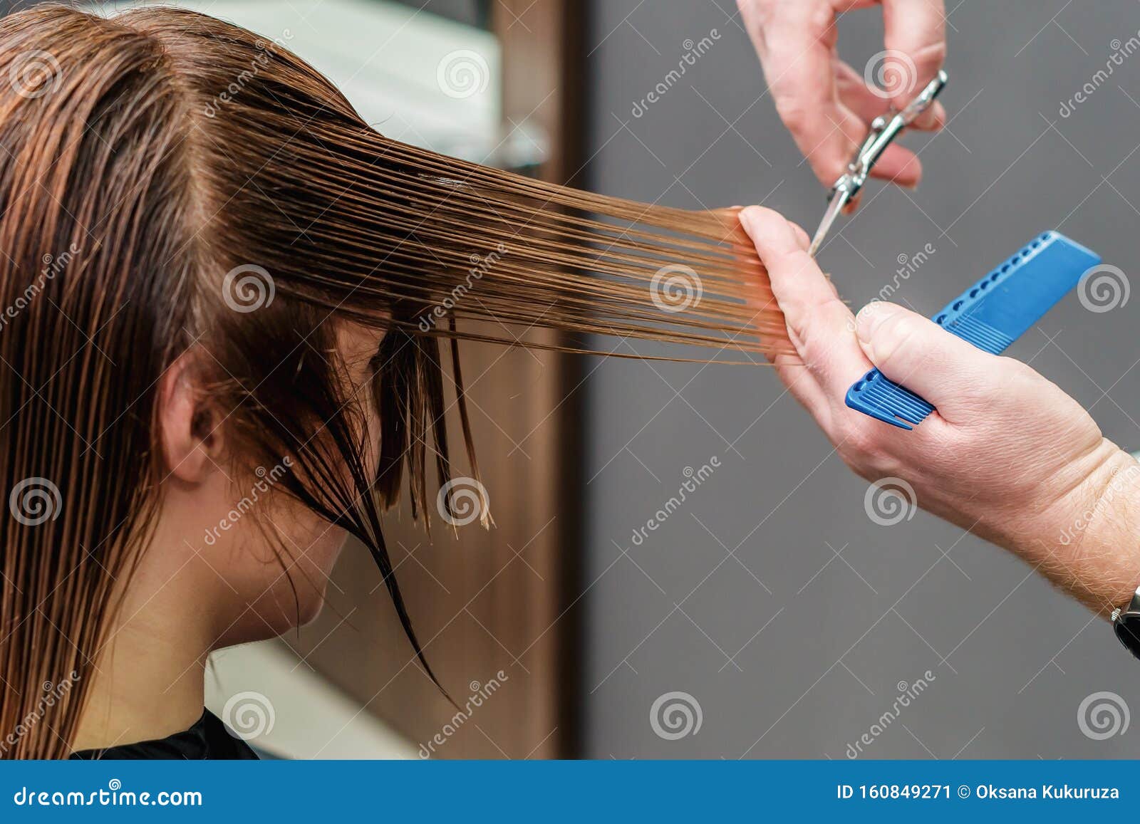 Professional Hairdresser Is Cutting Woman S Long Hair Tips In