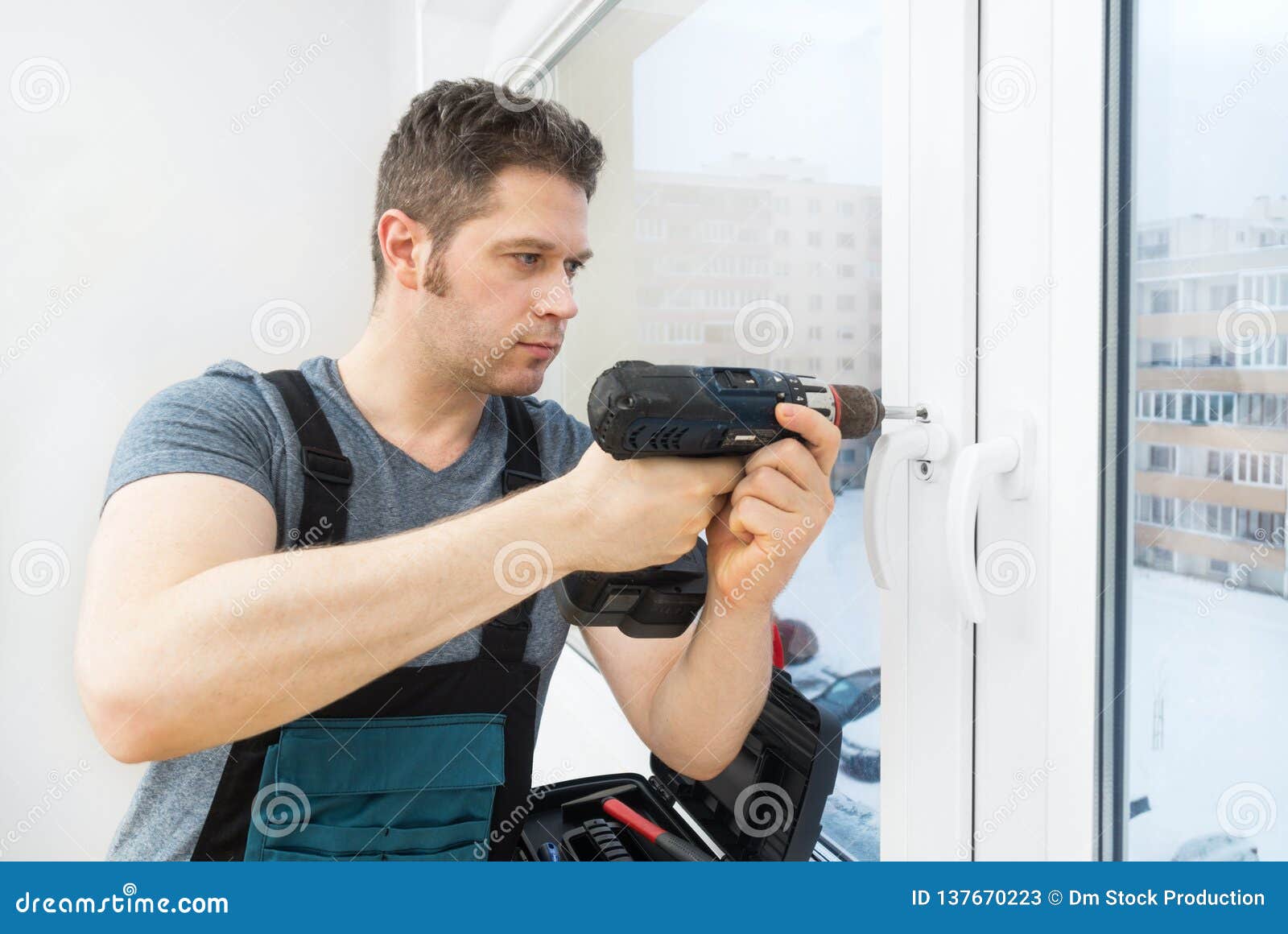 Professional Handyman Fixing Window Stock Image Image of installation