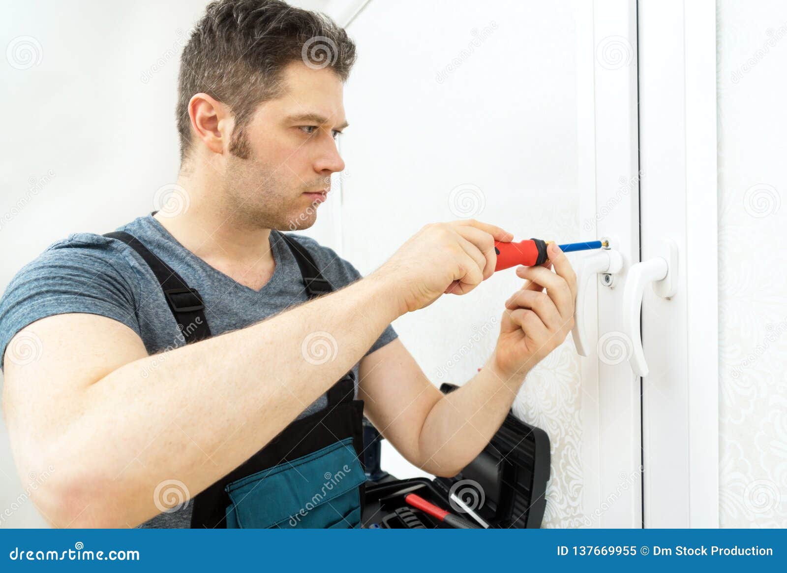 Professional Handyman Fixing Window Stock Image Image of install